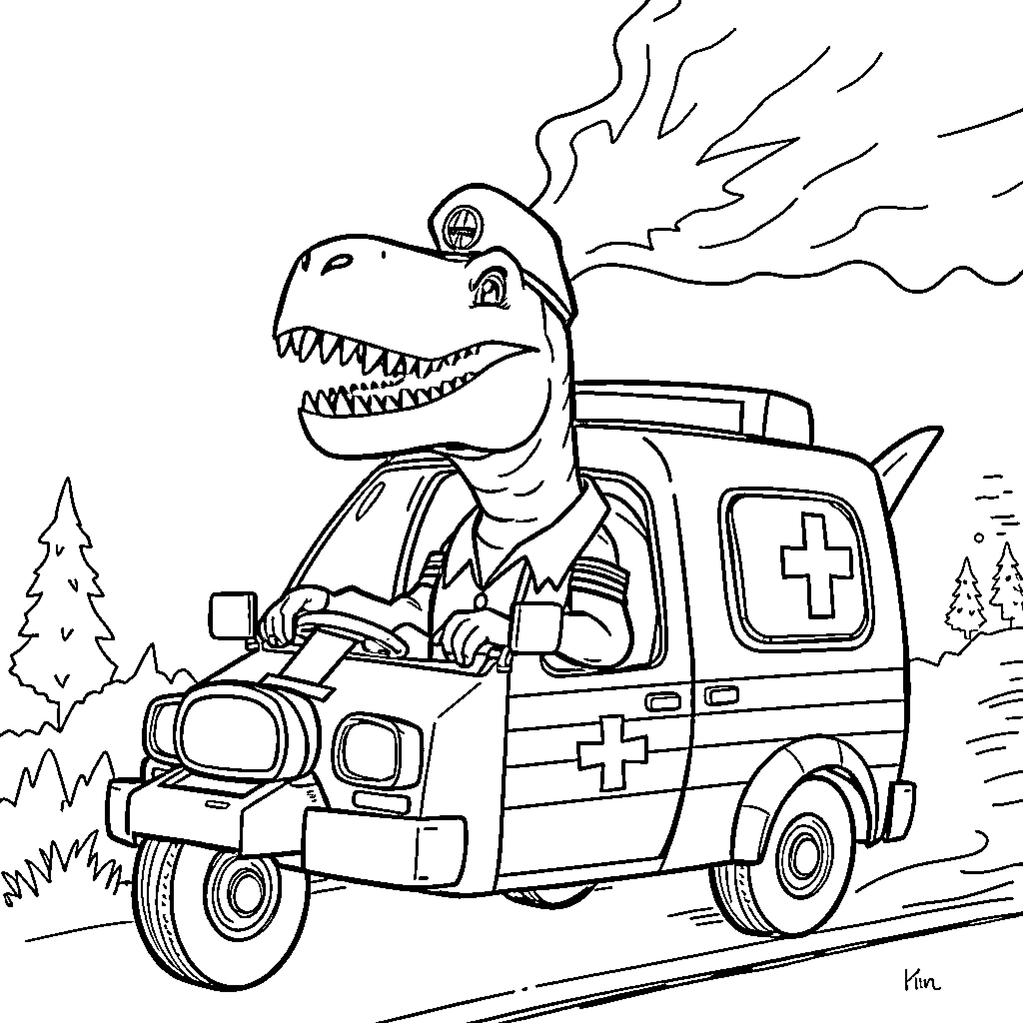 Dinosaur ambulance rushing to help in the wilderness Coloring Page (free black-and-white line drawing printable PDF for all, from beginners to advanced learners, including children, teens, adults, and seniors)
