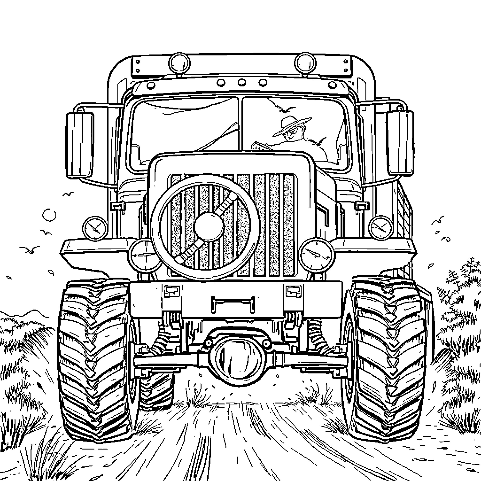 Truck navigating through rugged terrain Coloring Page (free black-and-white line drawing printable PDF for all, from beginners to advanced learners, including children, teens, adults, and seniors)
