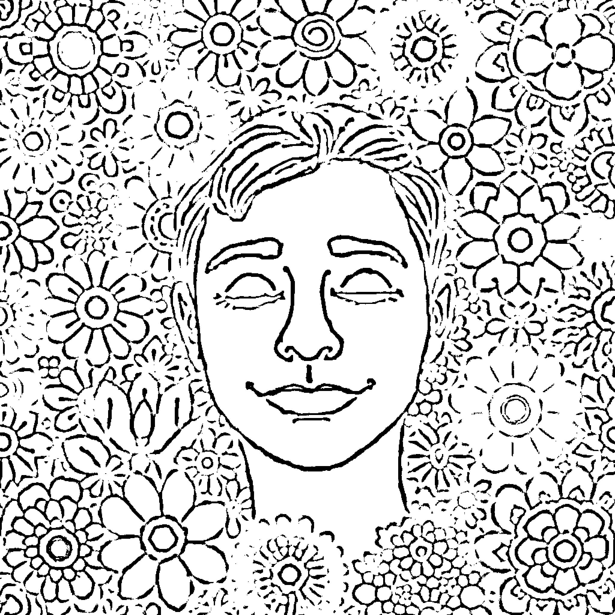 Consent: Smiling face surrounded by floral patterns Coloring Page (free black-and-white line drawing printable PDF for all, from beginners to advanced learners, including children, teens, adults, and seniors)