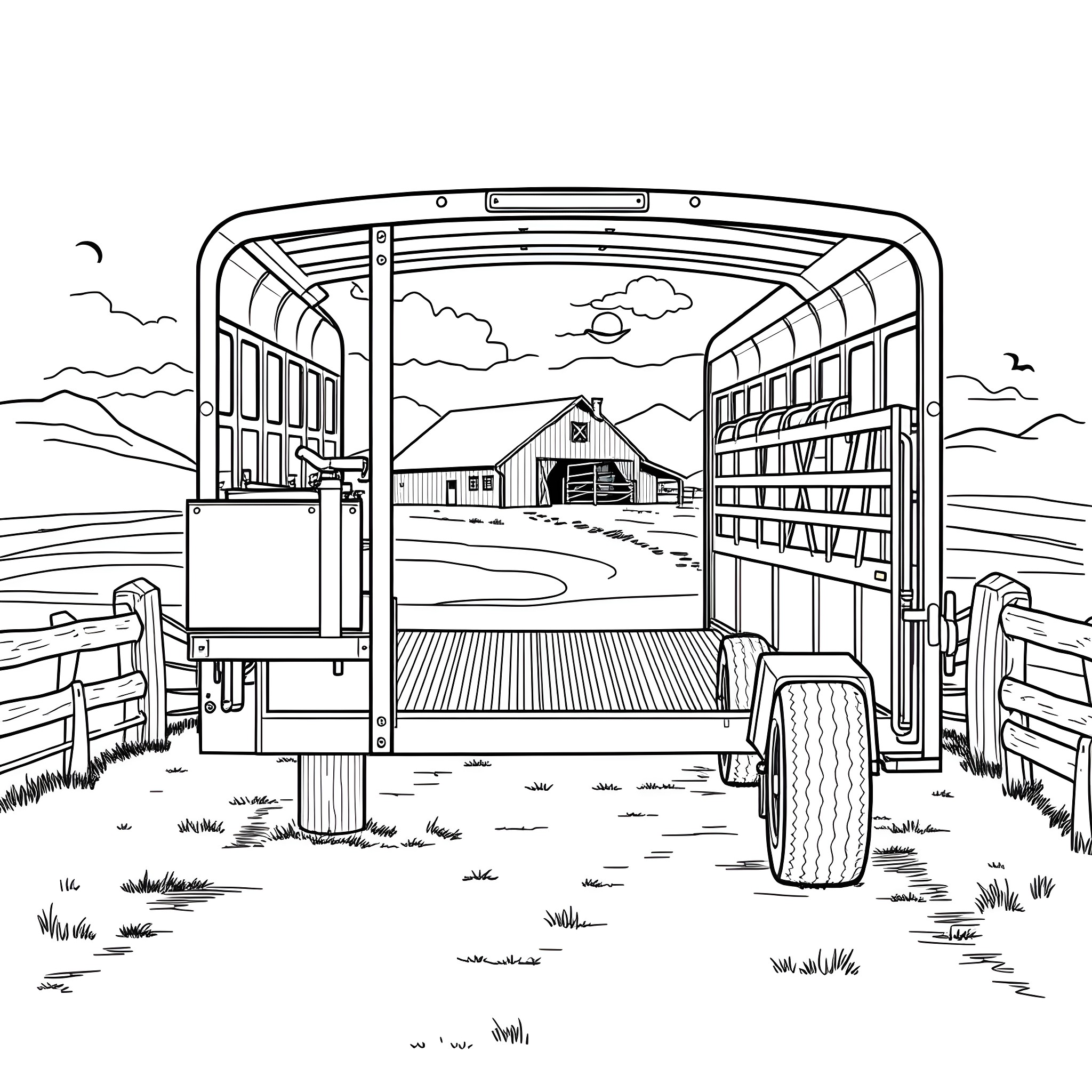 Livestock Trailer Transporting Scenic Rural Landscape Coloring Page (free black-and-white line drawing printable PDF for all, from beginners to advanced learners, including children, teens, adults, and seniors)