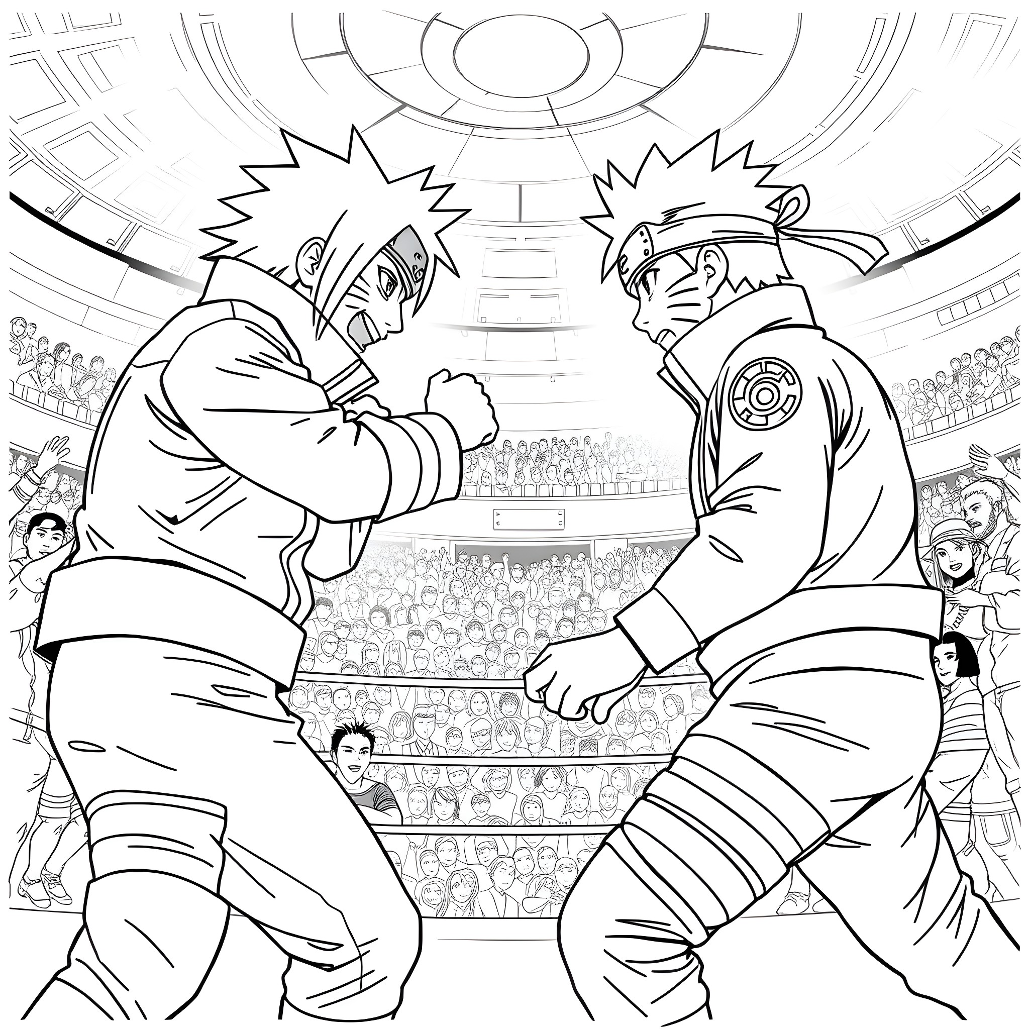 Benten Anime Characters Fighting in an Arena Coloring Page (free black-and-white line drawing printable PDF for all, from beginners to advanced learners, including children, teens, adults, and seniors)