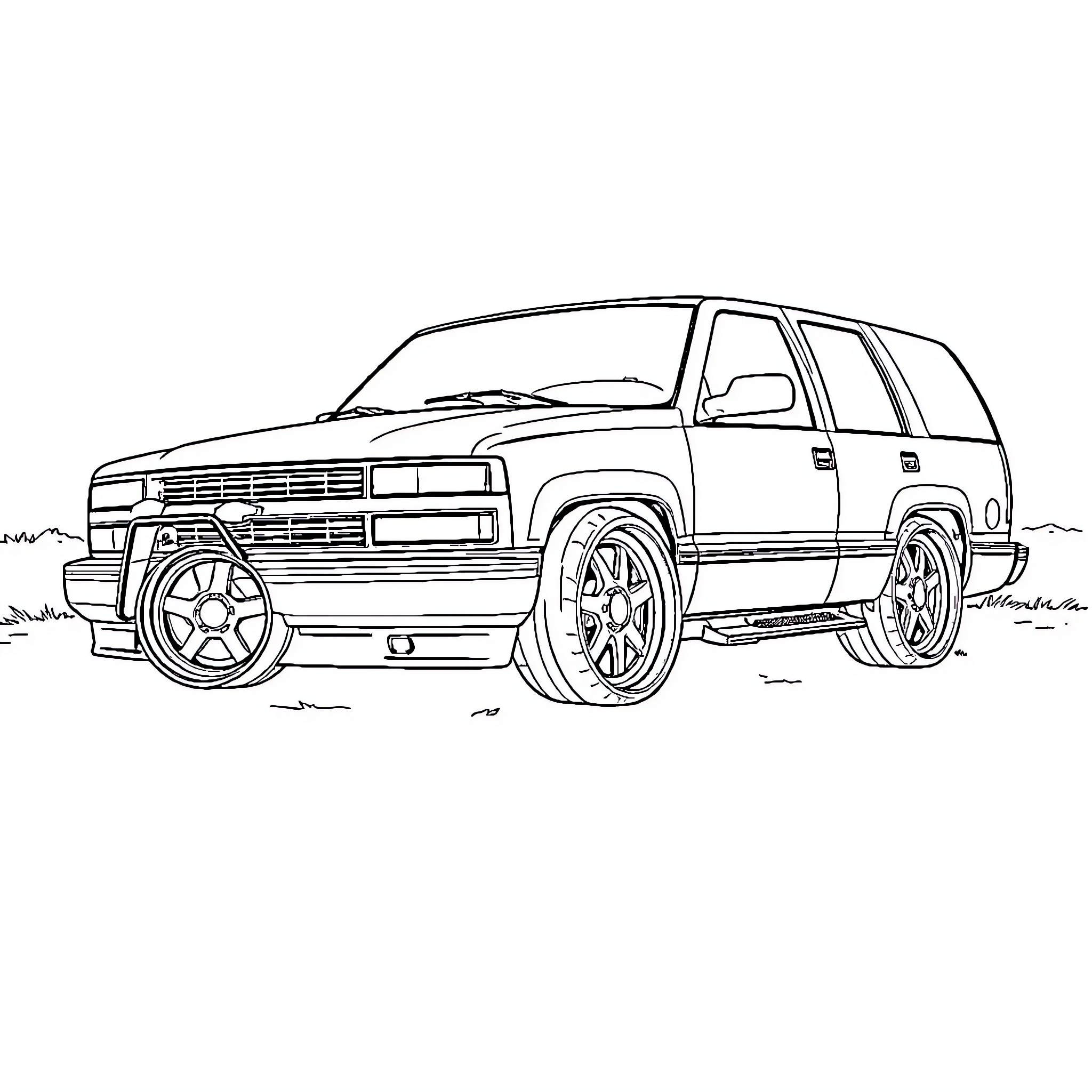 Tahoe SUV with Customized Wheels and Accessories Coloring Page (free black-and-white line drawing printable PDF for all, from beginners to advanced learners, including children, teens, adults, and seniors)
