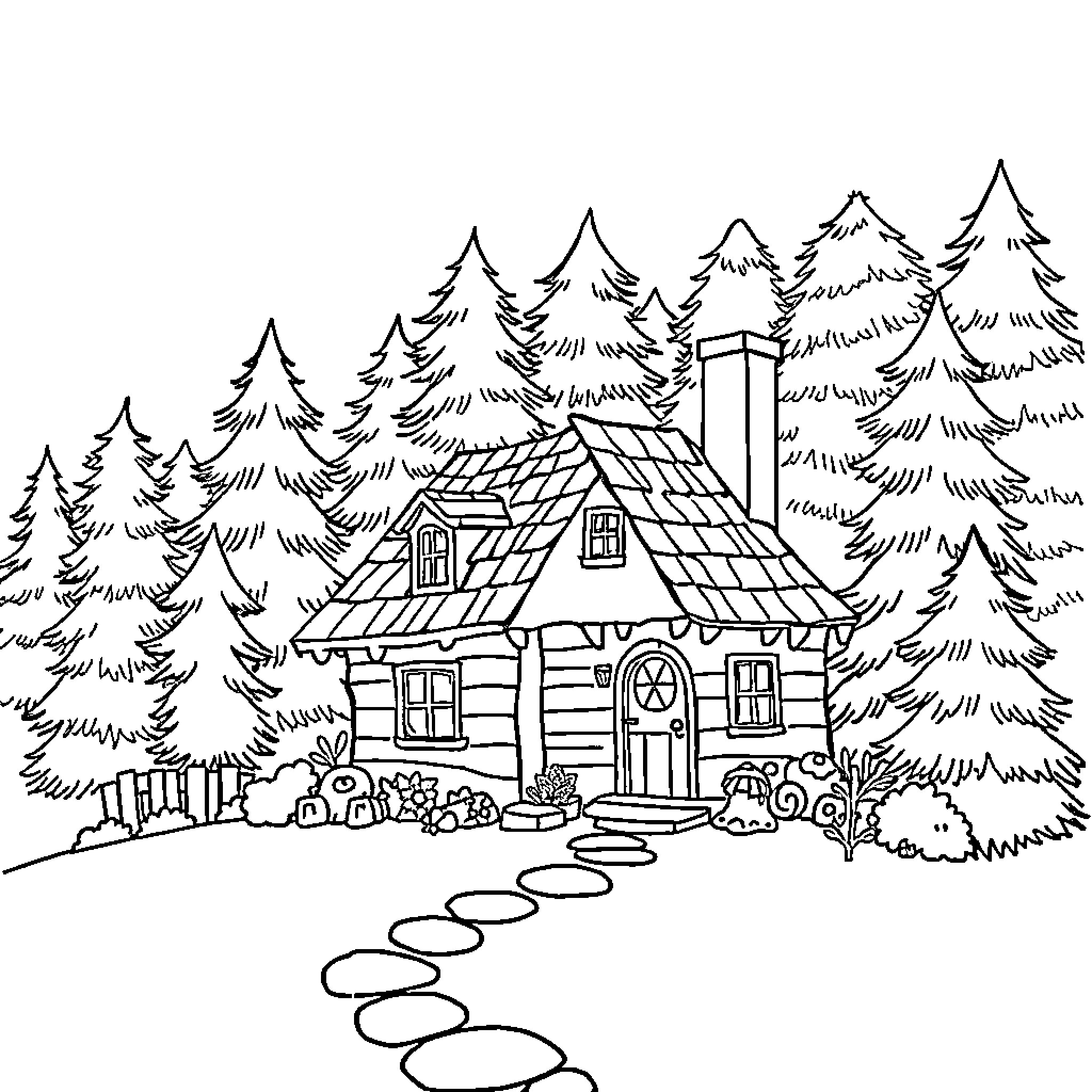 Cottage in a Cozy Forest Landscape Coloring Page (free black-and-white line drawing printable PDF for all, from beginners to advanced learners, including children, teens, adults, and seniors)
