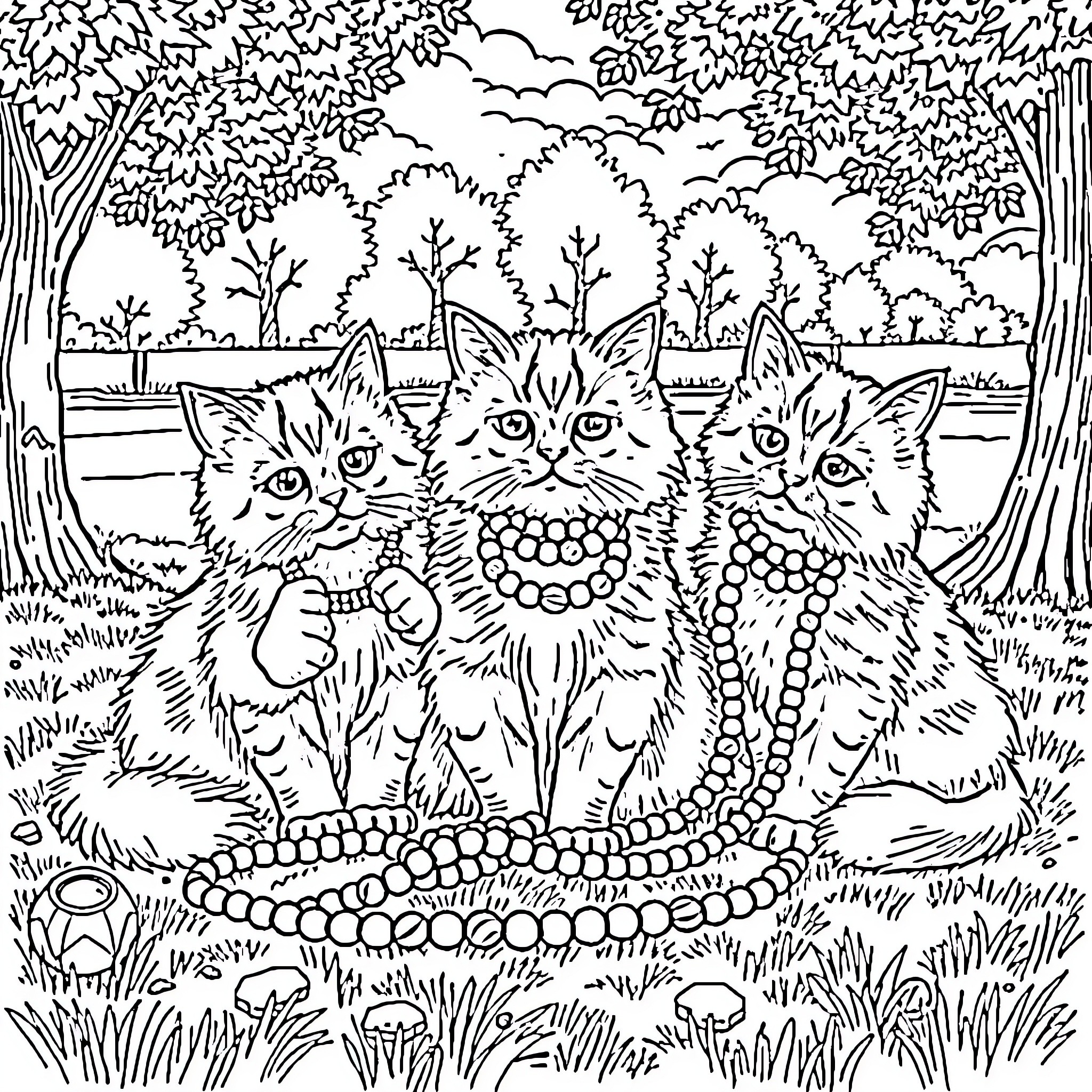 Cat friends in a cozy forest landscape Coloring Page (free black-and-white line drawing printable PDF for all, from beginners to advanced learners, including children, teens, adults, and seniors)
