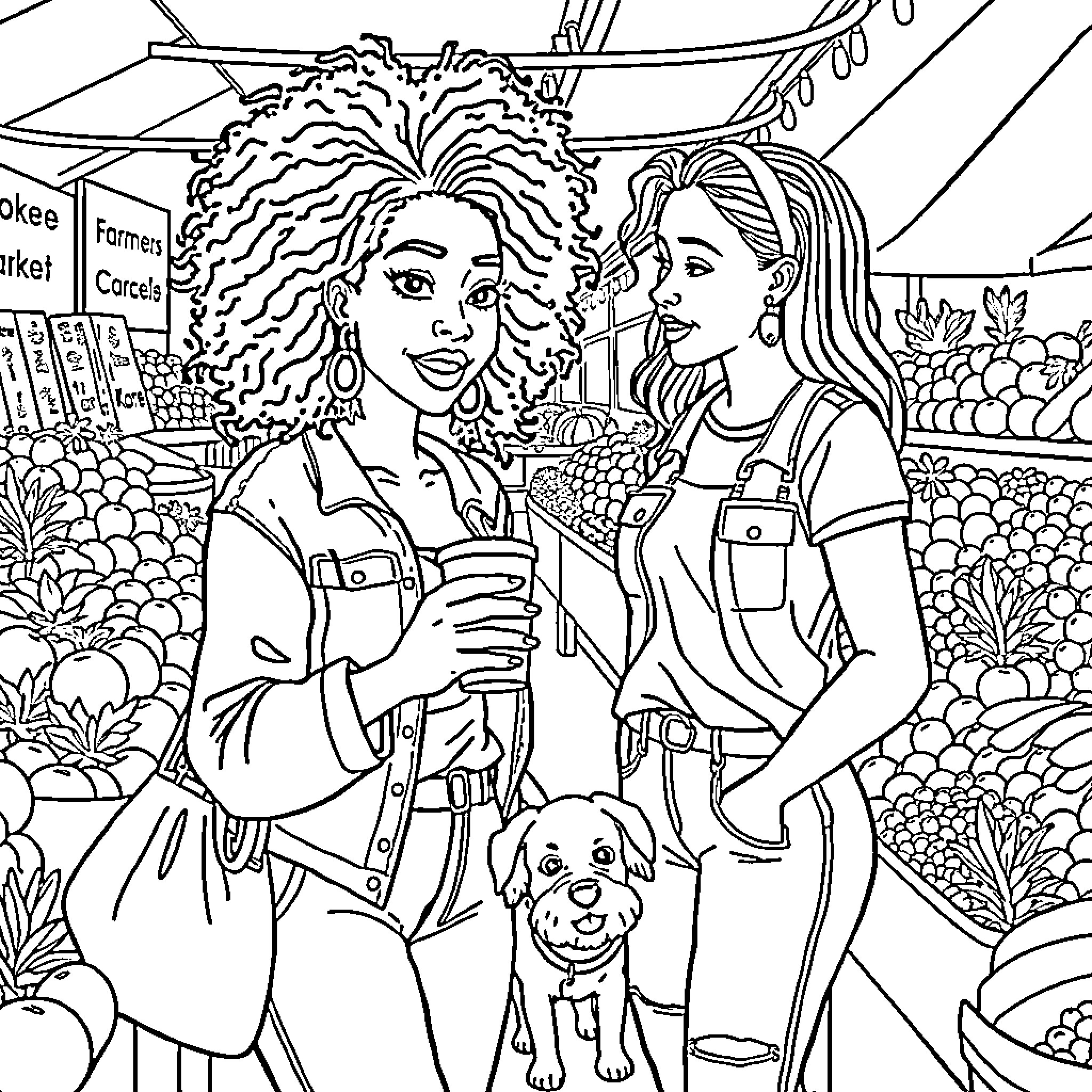 Women shopping together at the farmers market Coloring Page (free black-and-white line drawing printable PDF for all, from beginners to advanced learners, including children, teens, adults, and seniors)