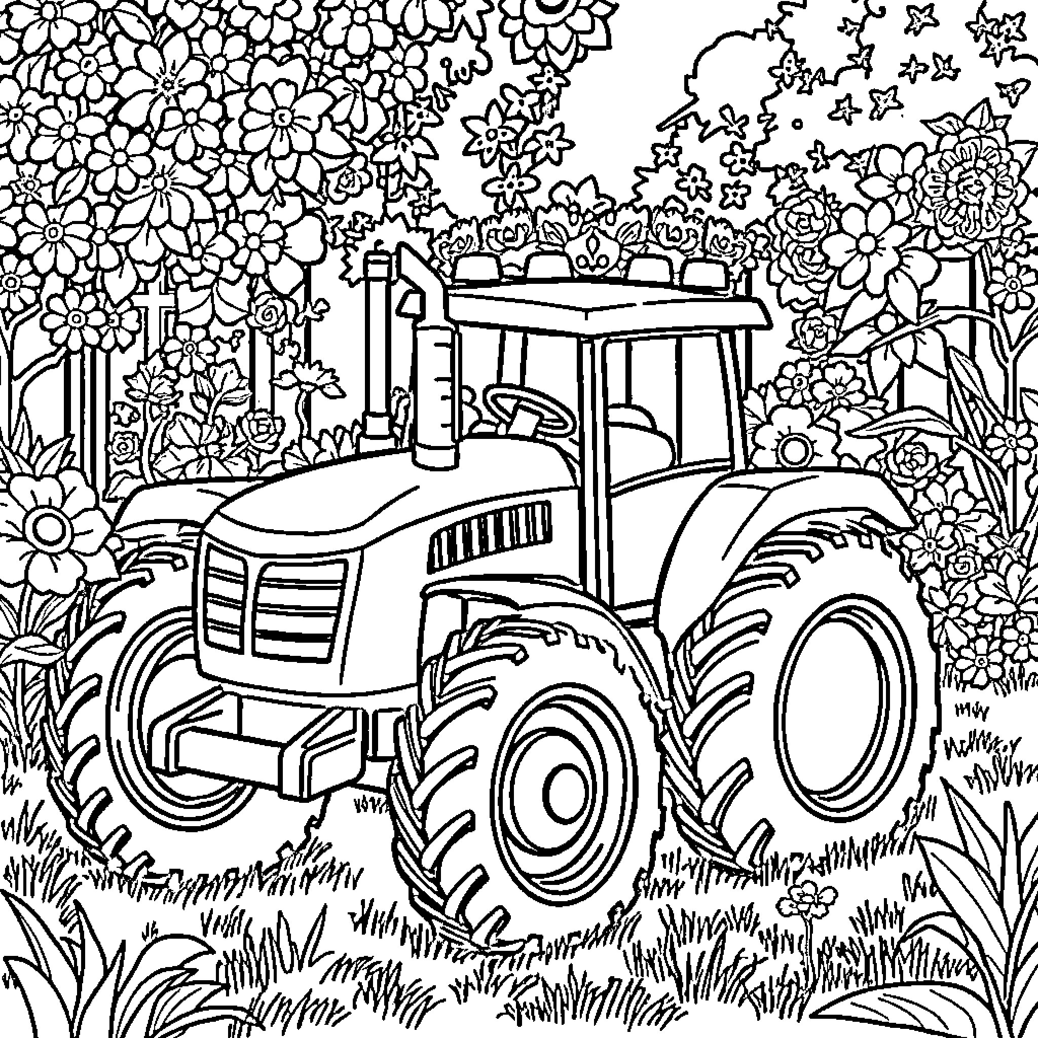 Tractor plowing through flowery meadow Coloring Page (free black-and-white line drawing printable PDF for all, from beginners to advanced learners, including children, teens, adults, and seniors)