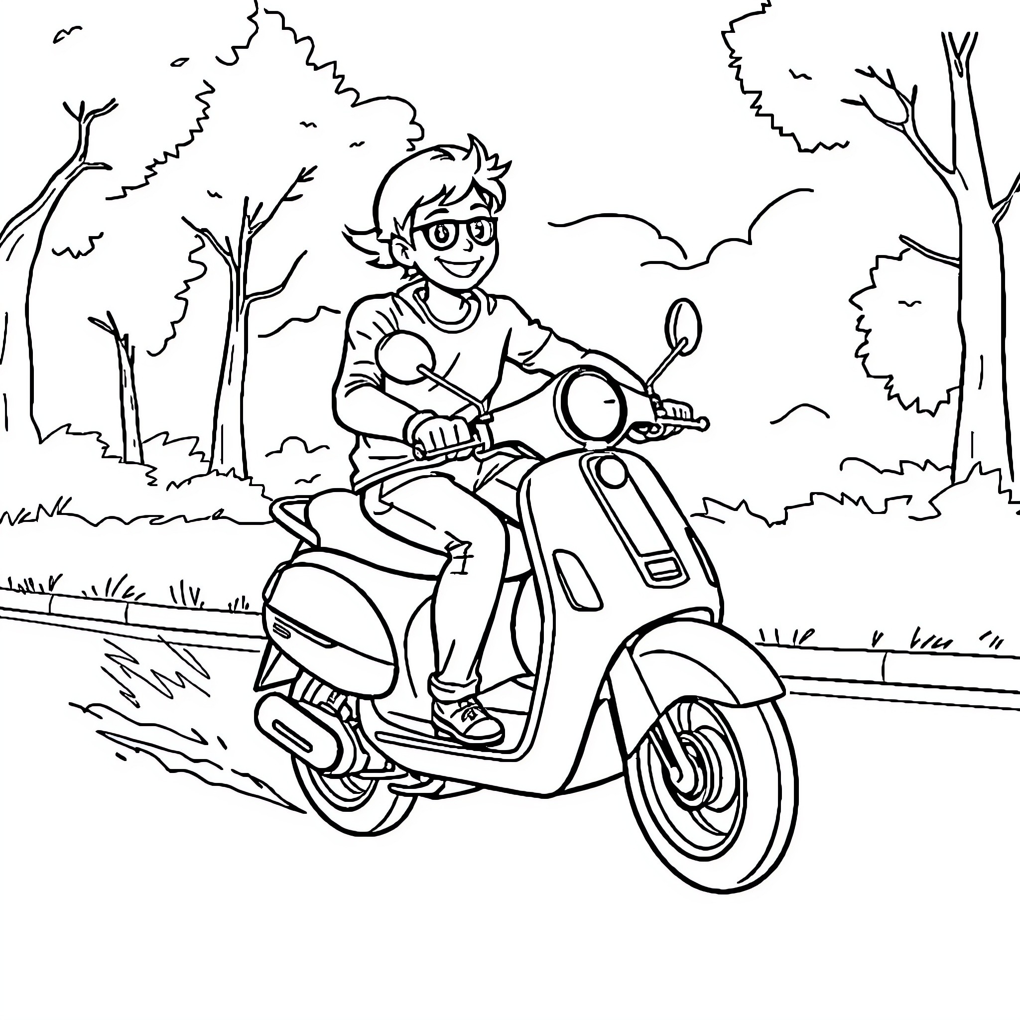 Joyful Scooter Ride Through Nature Coloring Page (free black-and-white line drawing printable PDF for all, from beginners to advanced learners, including children, teens, adults, and seniors)