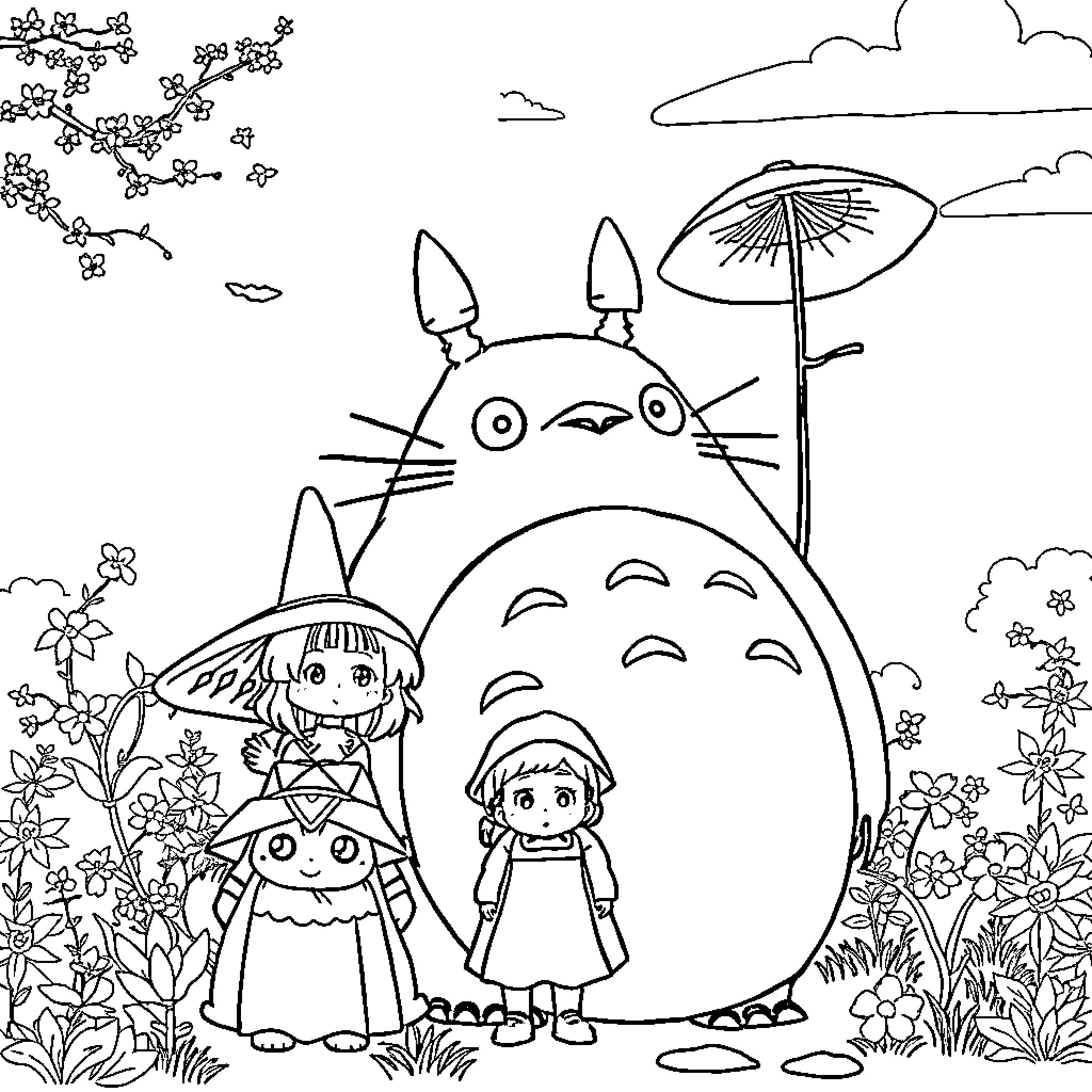 Ghibli Characters in Whimsical Outdoor Scene Coloring Page (free black-and-white line drawing printable PDF for all, from beginners to advanced learners, including children, teens, adults, and seniors)