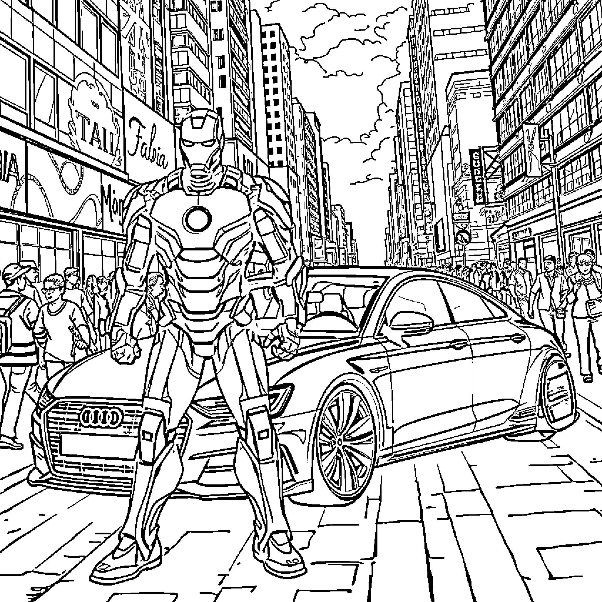 Ironman battles villains in a busy city street Coloring Page (free black-and-white line drawing printable PDF for all, from beginners to advanced learners, including children, teens, adults, and seniors)
