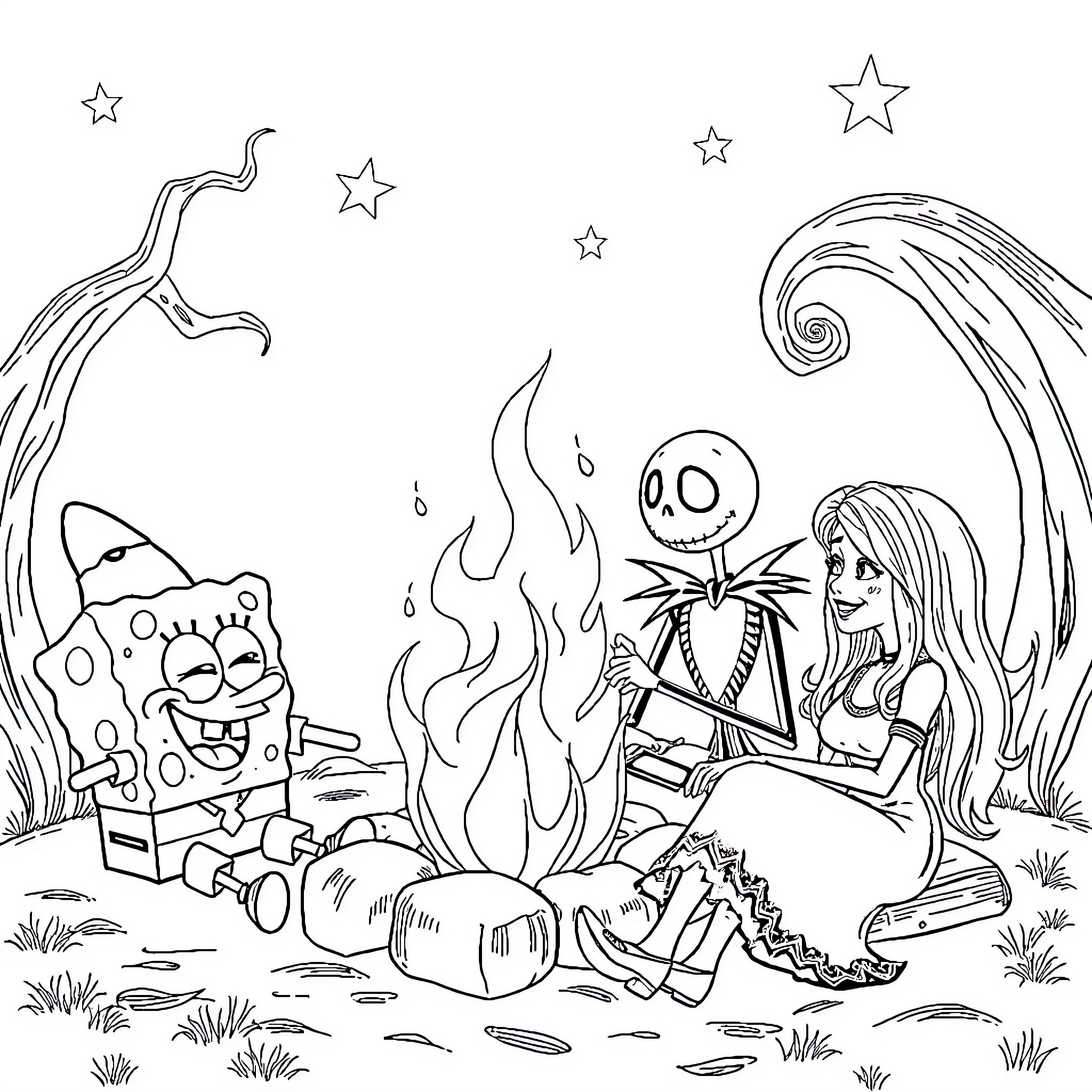 Spongebob and friends enjoy a spooky night under the stars Coloring Page (free black-and-white line drawing printable PDF for all, from beginners to advanced learners, including children, teens, adults, and seniors)