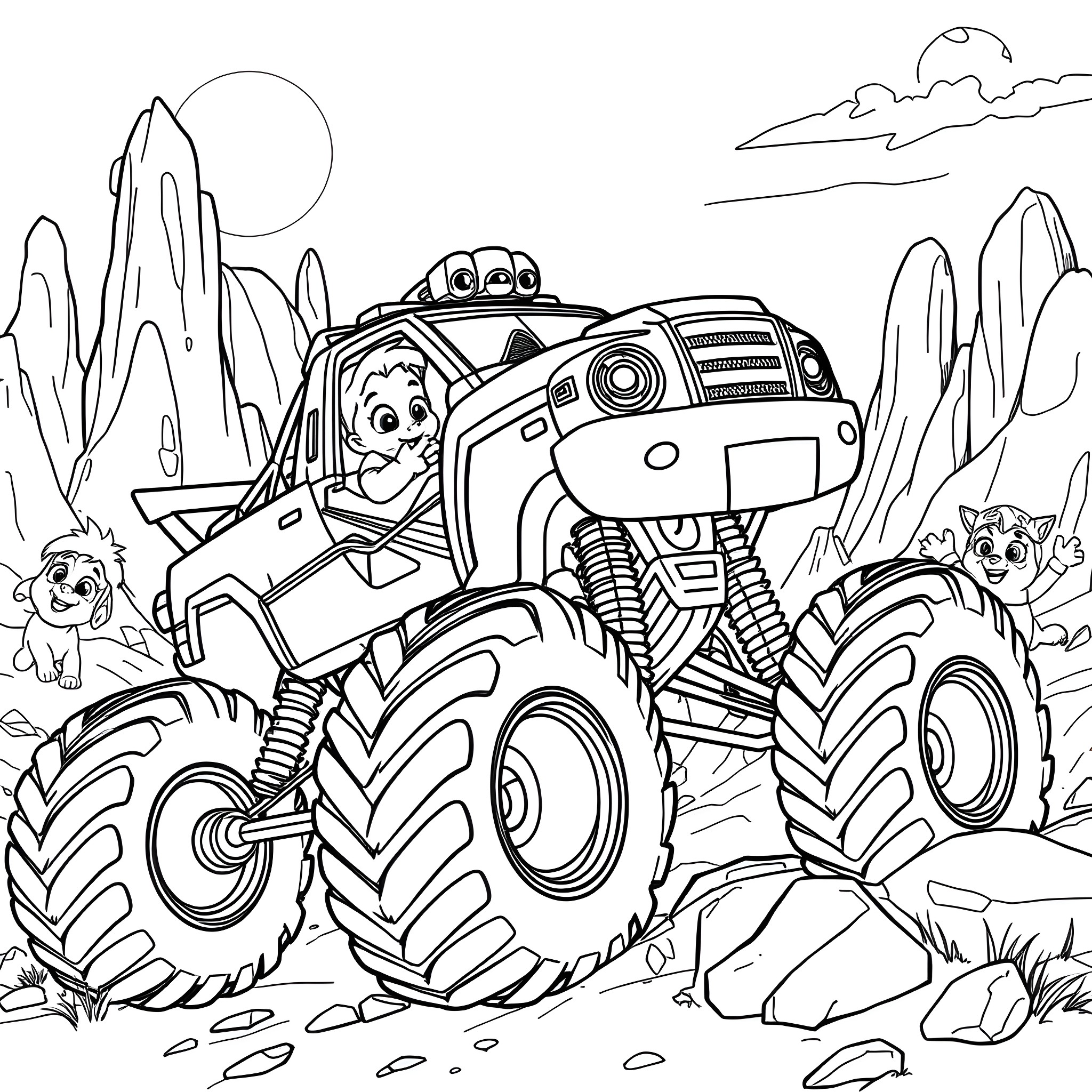 Zuma's Monster Truck Adventure in the Desert Coloring Page (free black-and-white line drawing printable PDF for all, from beginners to advanced learners, including children, teens, adults, and seniors)