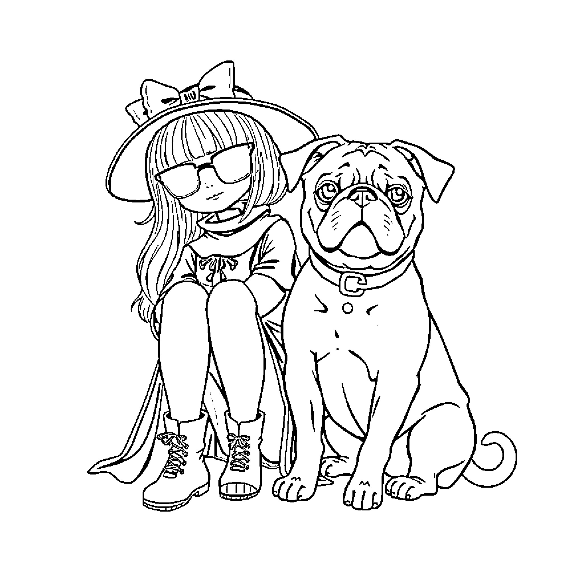 Pug and fashionable girl in hat and sunglasses Coloring Page (free black-and-white line drawing printable PDF for all, from beginners to advanced learners, including children, teens, adults, and seniors)
