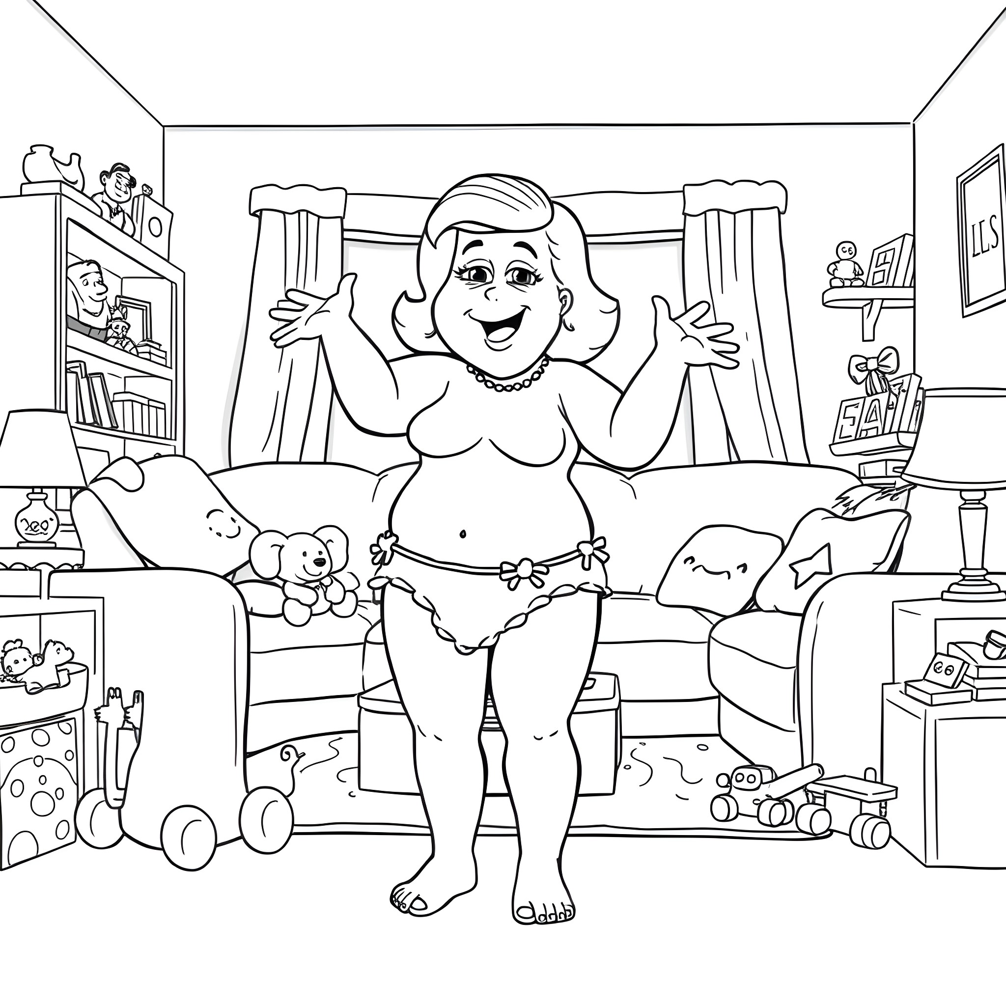 Lois in a playful and whimsical bedroom scene Coloring Page (free black-and-white line drawing printable PDF for all, from beginners to advanced learners, including children, teens, adults, and seniors)
