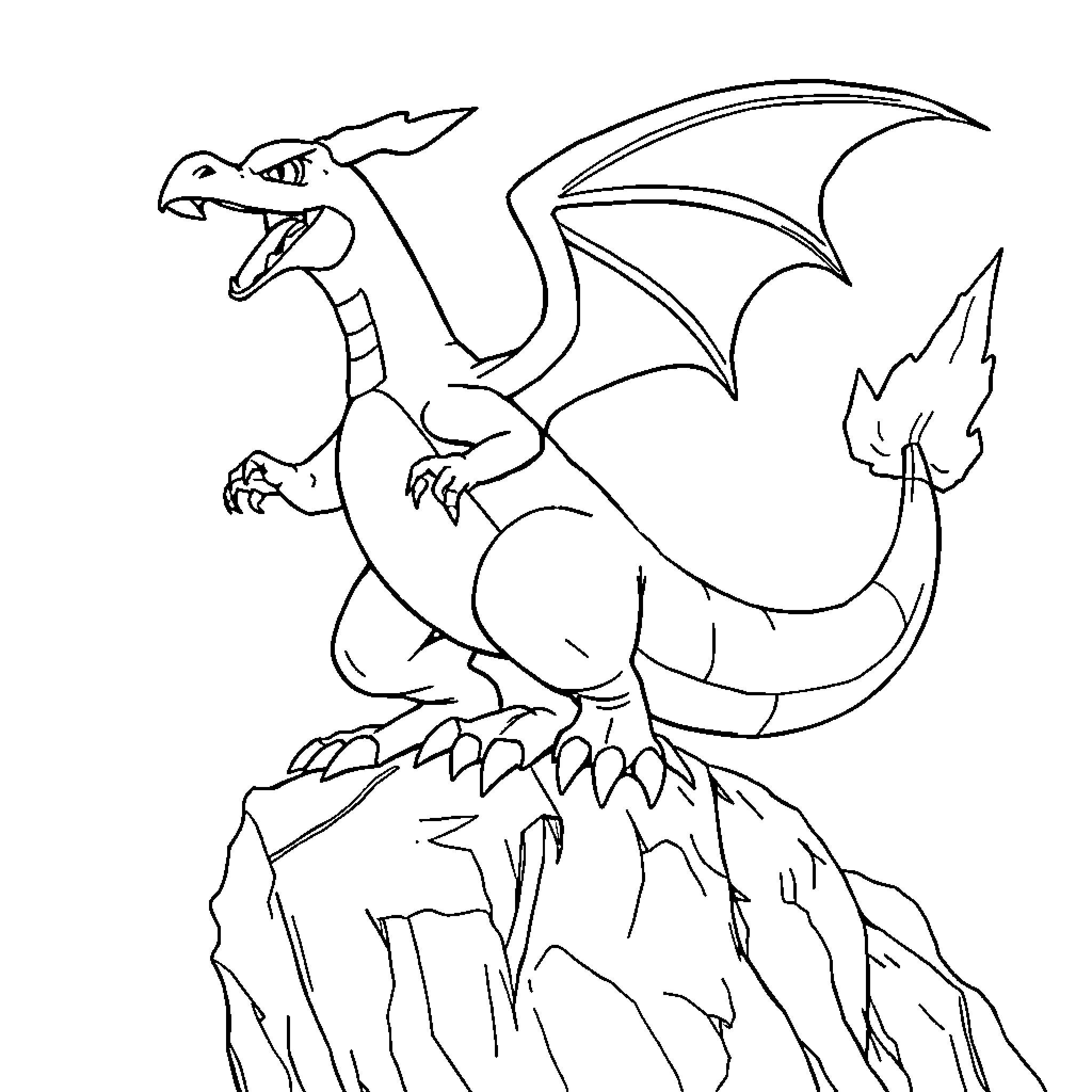 Charizard Dragon Unleashing Fiery Power Coloring Page (free black-and-white line drawing printable PDF for all, from beginners to advanced learners, including children, teens, adults, and seniors)