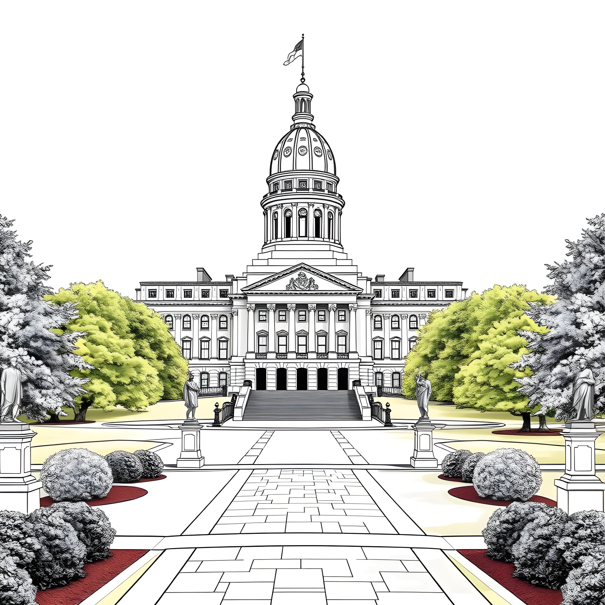 Statehouse with grand architecture and landscaping Coloring Page (free black-and-white line drawing printable PDF for all, from beginners to advanced learners, including children, teens, adults, and seniors)