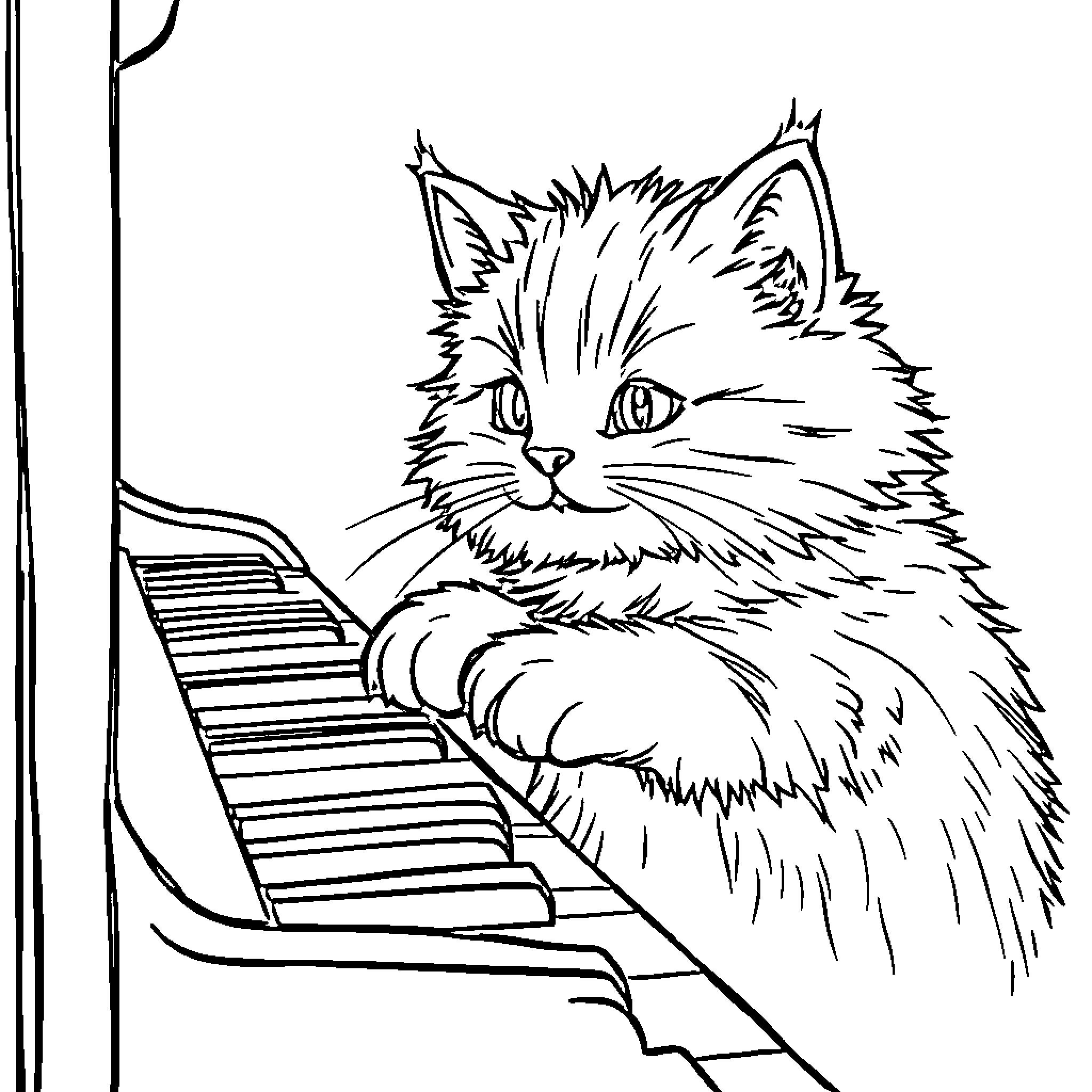 Cat playing piano in a room Coloring Page (free black-and-white line drawing printable PDF for all, from beginners to advanced learners, including children, teens, adults, and seniors)