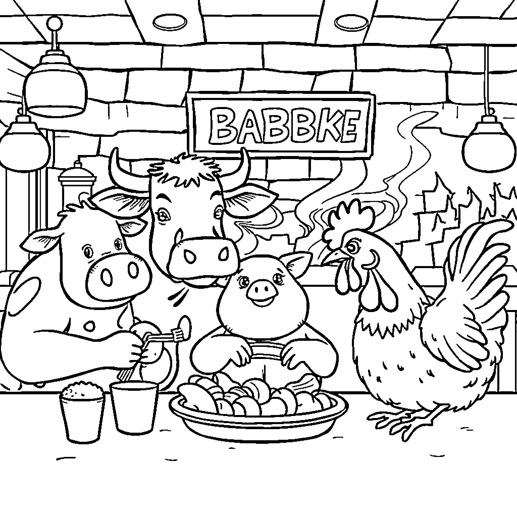 Farm Animal Market Scene with Cartoon Animals Coloring Page (free black-and-white line drawing printable PDF for all, from beginners to advanced learners, including children, teens, adults, and seniors)