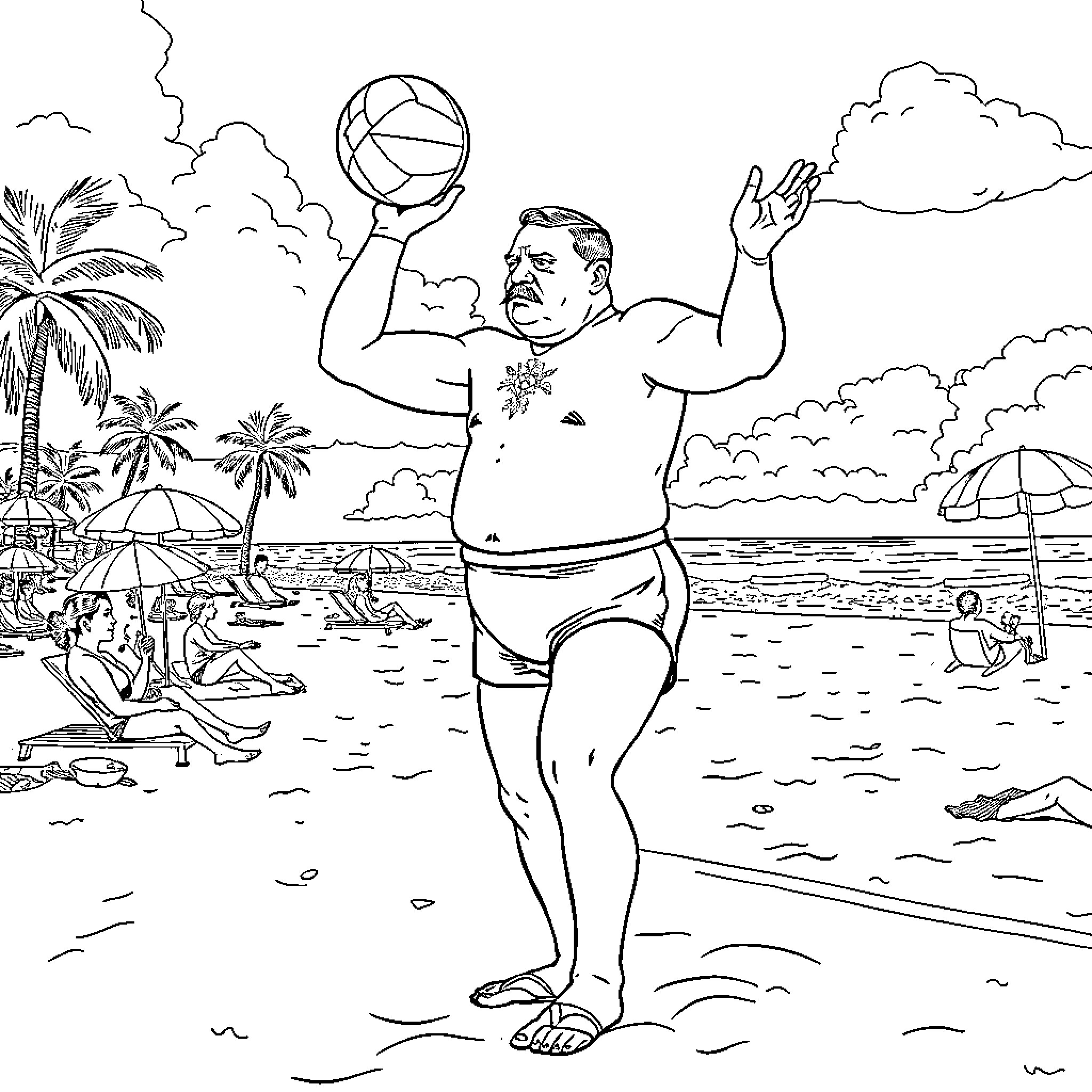 Adolf Hitler playing beach volleyball in tropical setting Coloring Page (free black-and-white line drawing printable PDF for all, from beginners to advanced learners, including children, teens, adults, and seniors)