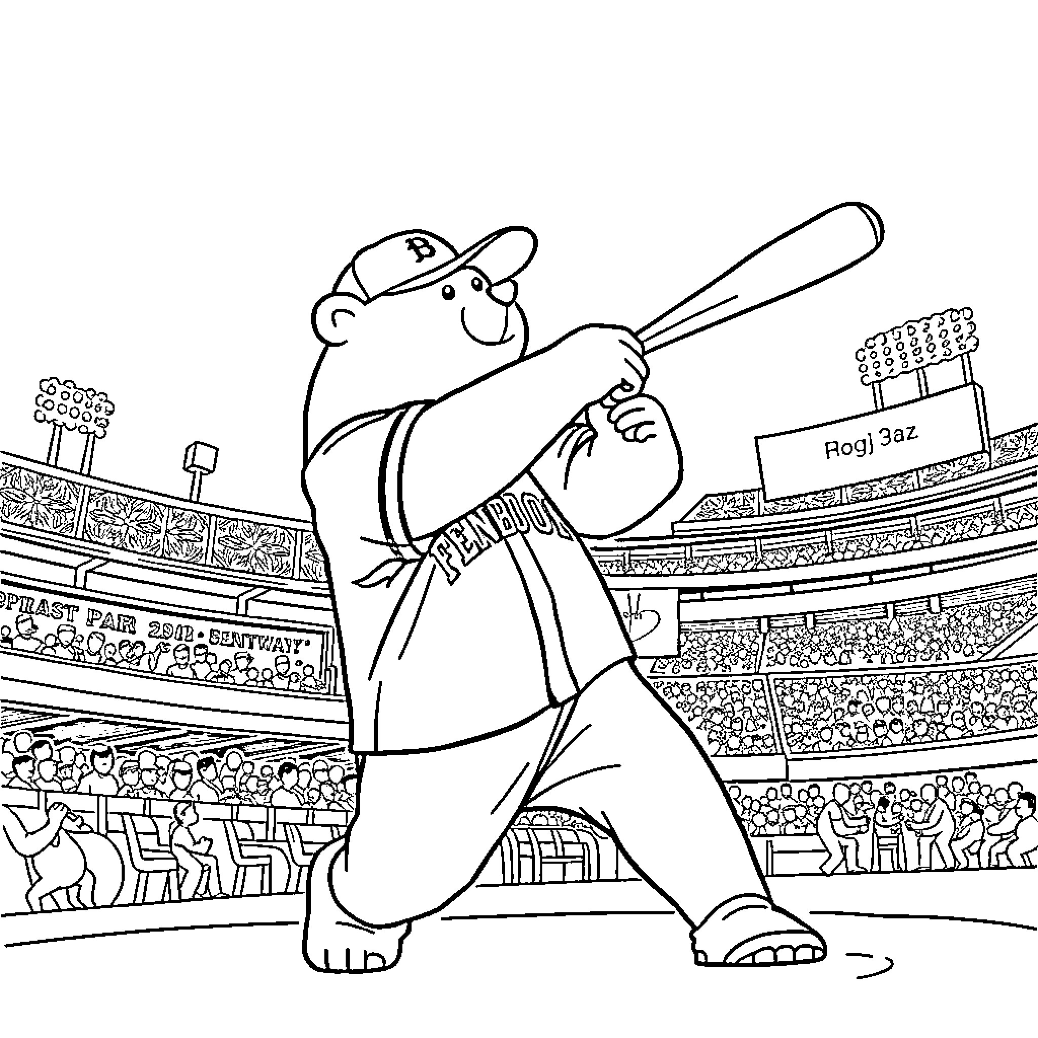Polarbear playing baseball in the stadium Coloring Page (free black-and-white line drawing printable PDF for all, from beginners to advanced learners, including children, teens, adults, and seniors)