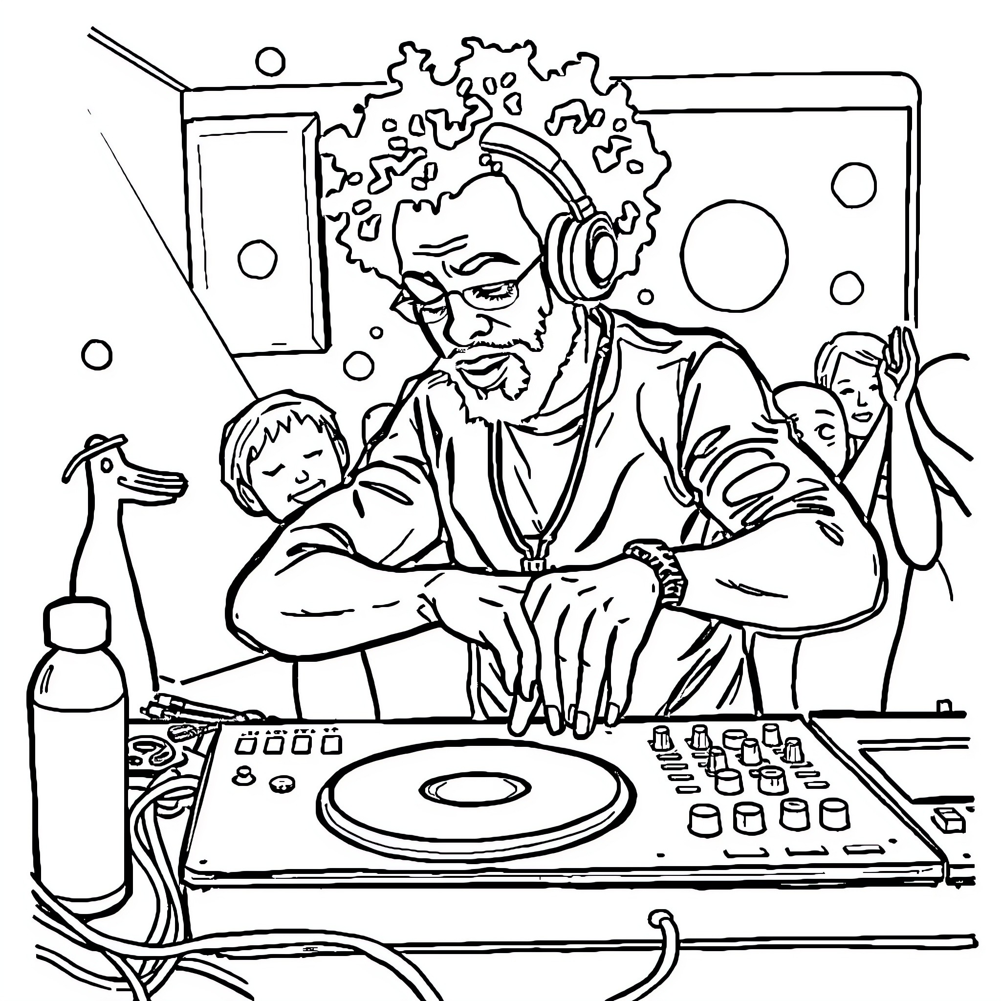 DJ Mixing Beats with Concentration Coloring Page (free black-and-white line drawing printable PDF for all, from beginners to advanced learners, including children, teens, adults, and seniors)