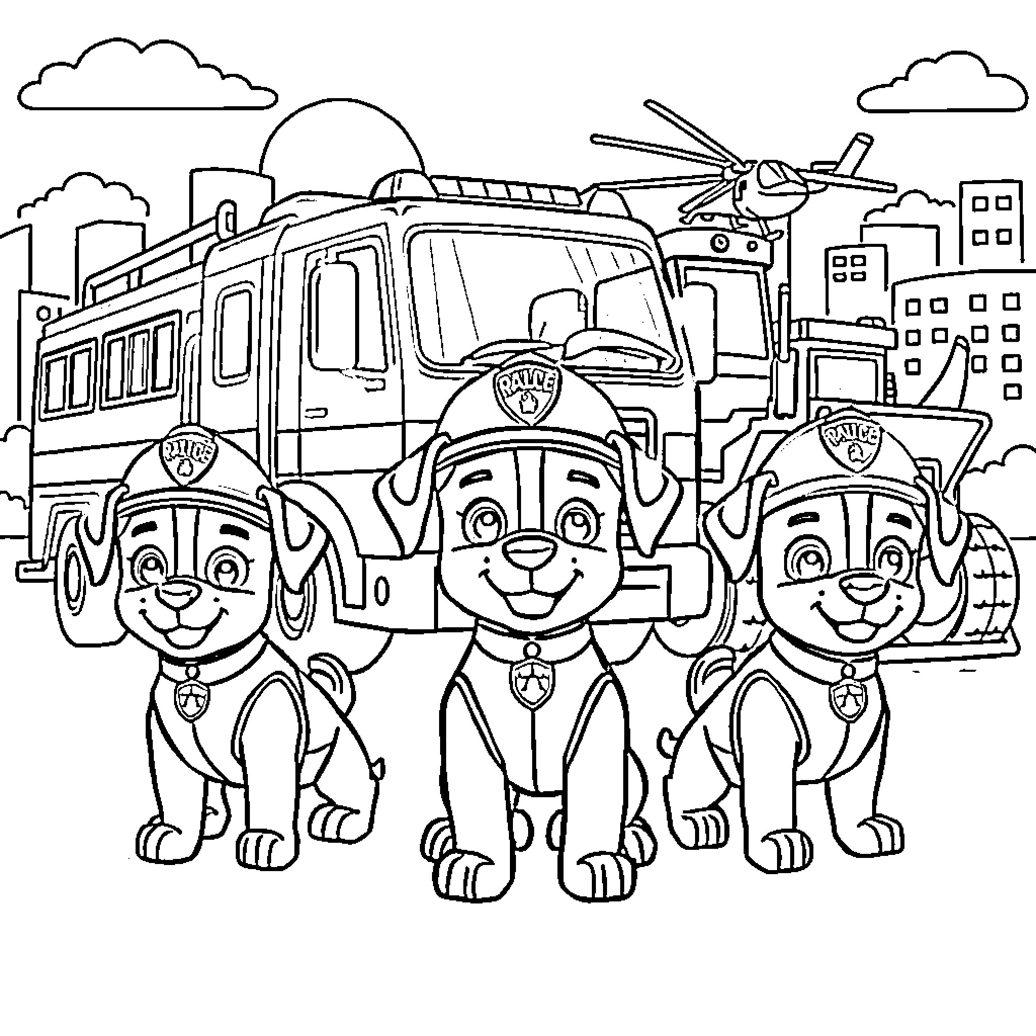 Puppy Paw Patrol team with fire truck Coloring Page (free black-and-white line drawing printable PDF for all, from beginners to advanced learners, including children, teens, adults, and seniors)