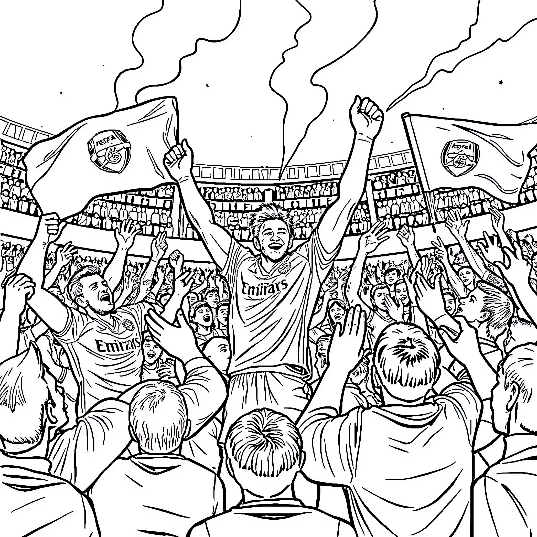 Arsenal Supporters Celebrate Victory in the Stadium Coloring Page (free black-and-white line drawing printable PDF for all, from beginners to advanced learners, including children, teens, adults, and seniors)