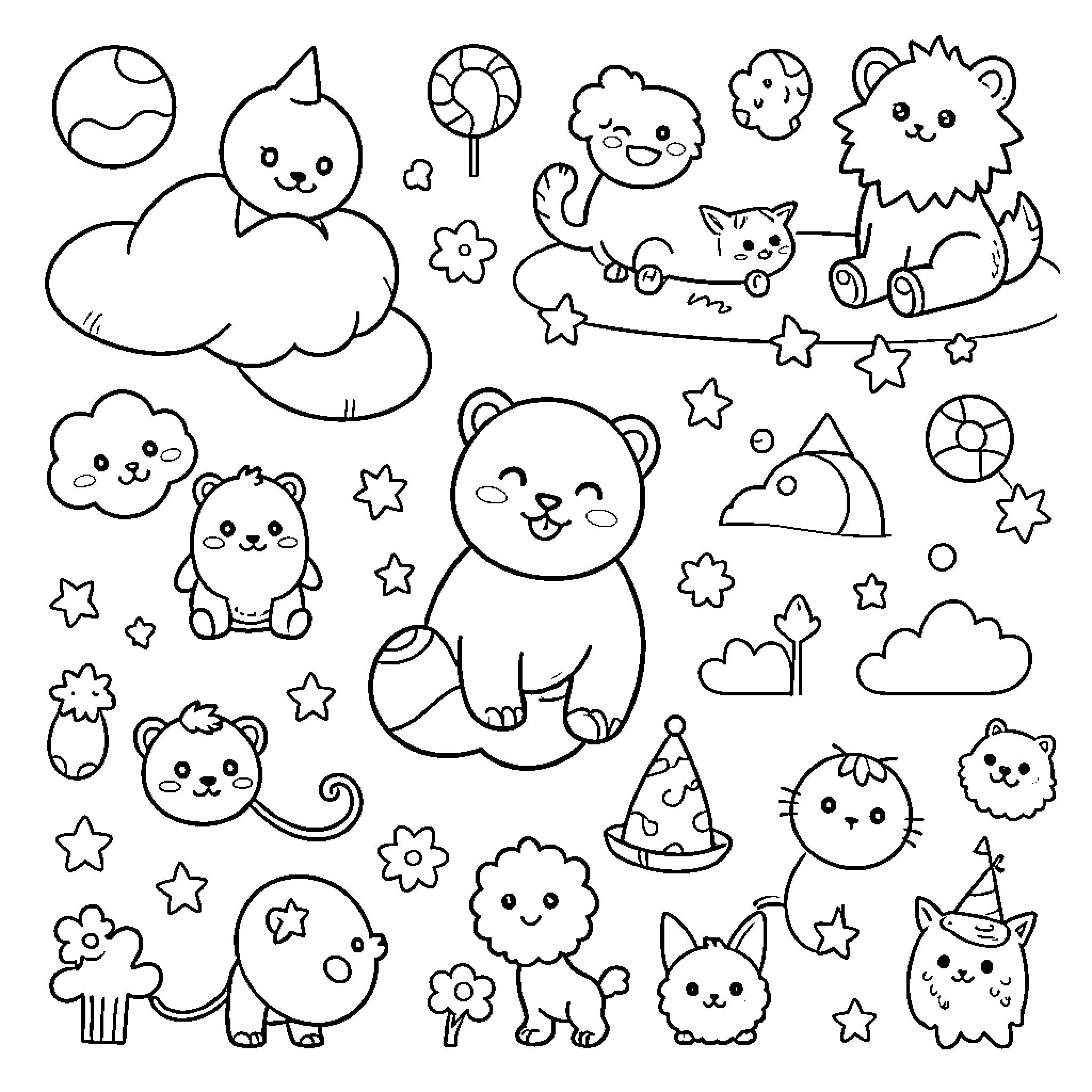 Baby animals playing with cute accessories Coloring Page (free black-and-white line drawing printable PDF for all, from beginners to advanced learners, including children, teens, adults, and seniors)