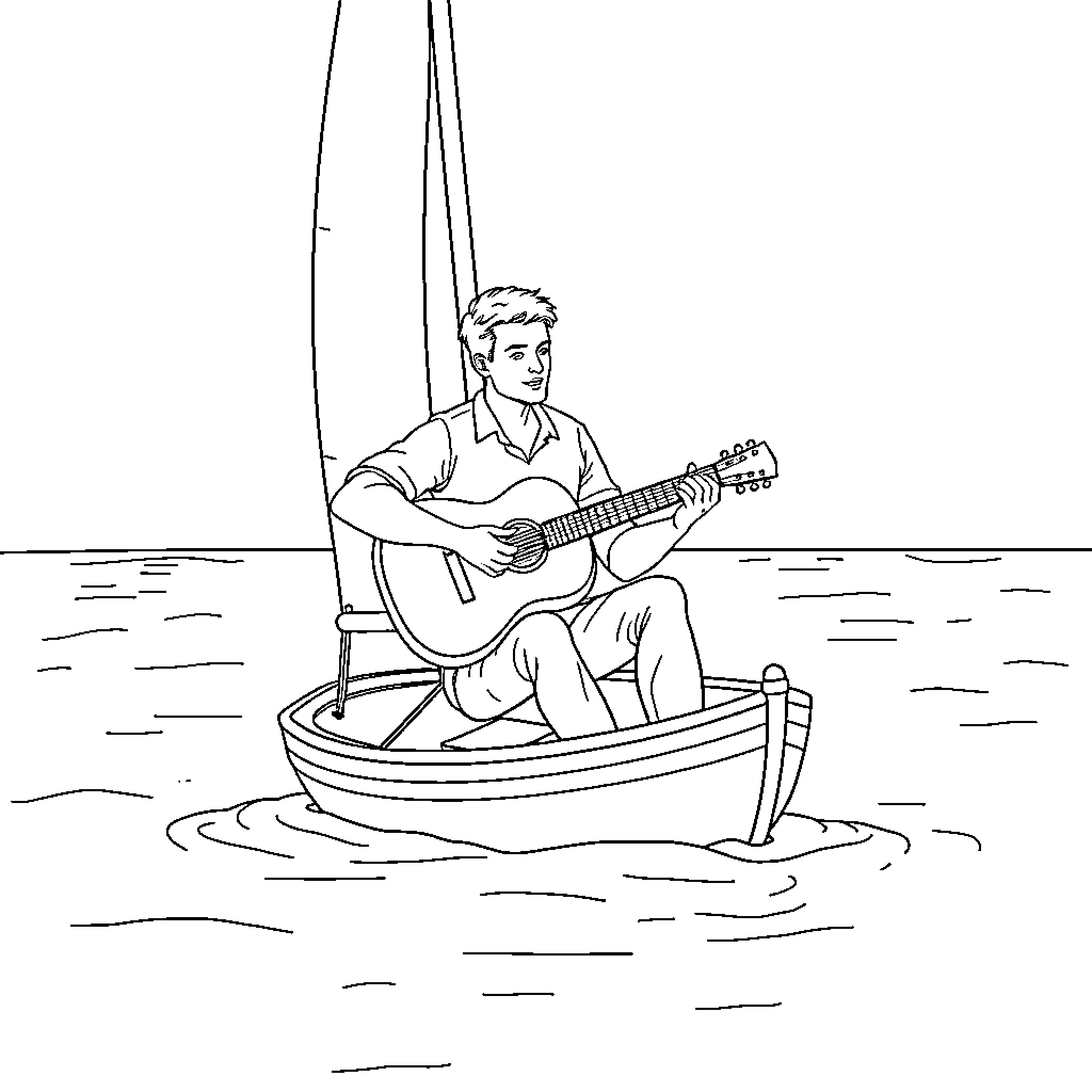 Man playing guitar while sailing in a boat Coloring Page (free black-and-white line drawing printable PDF for all, from beginners to advanced learners, including children, teens, adults, and seniors)