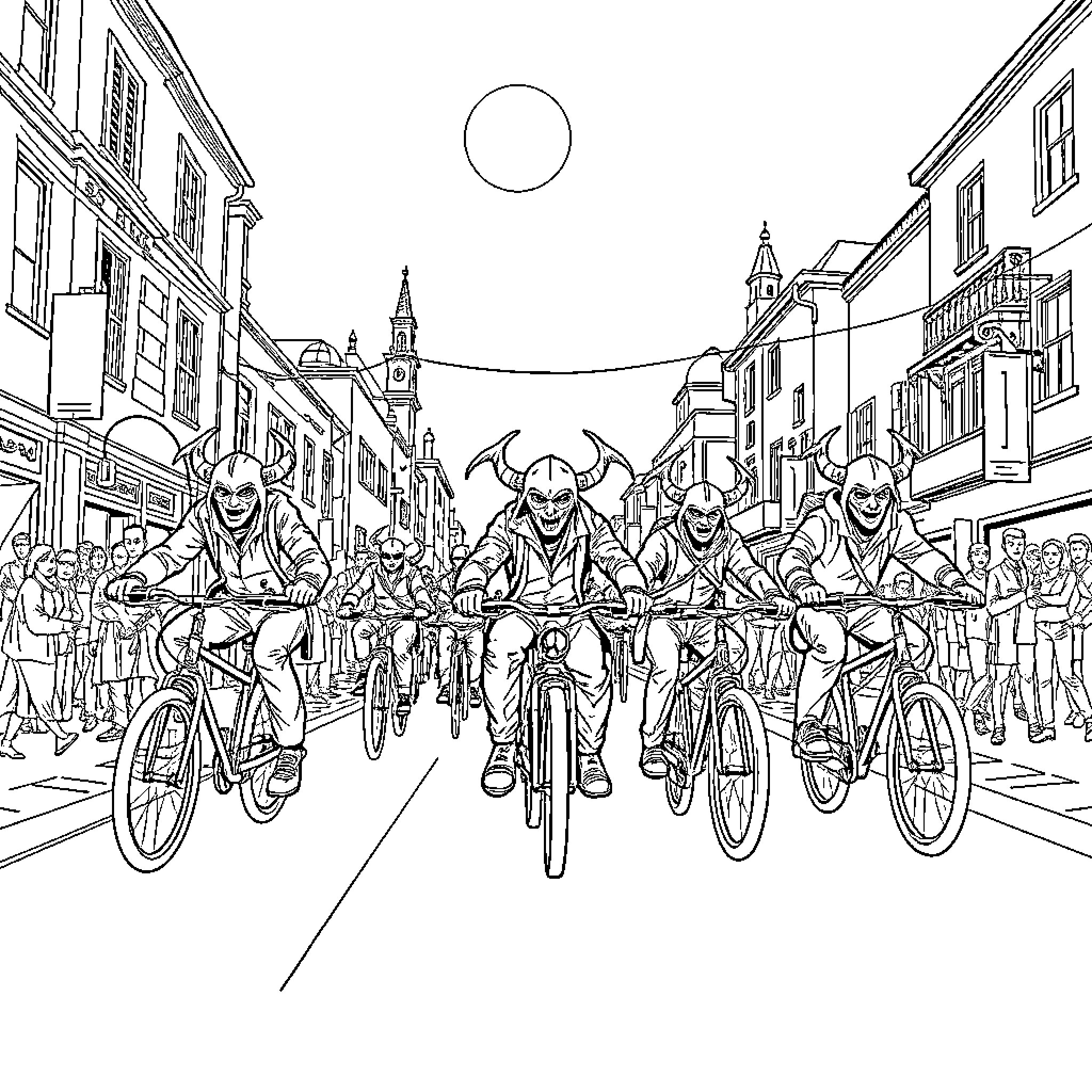 Demon Hunter cyclists in the urban parade Coloring Page (free black-and-white line drawing printable PDF for all, from beginners to advanced learners, including children, teens, adults, and seniors)