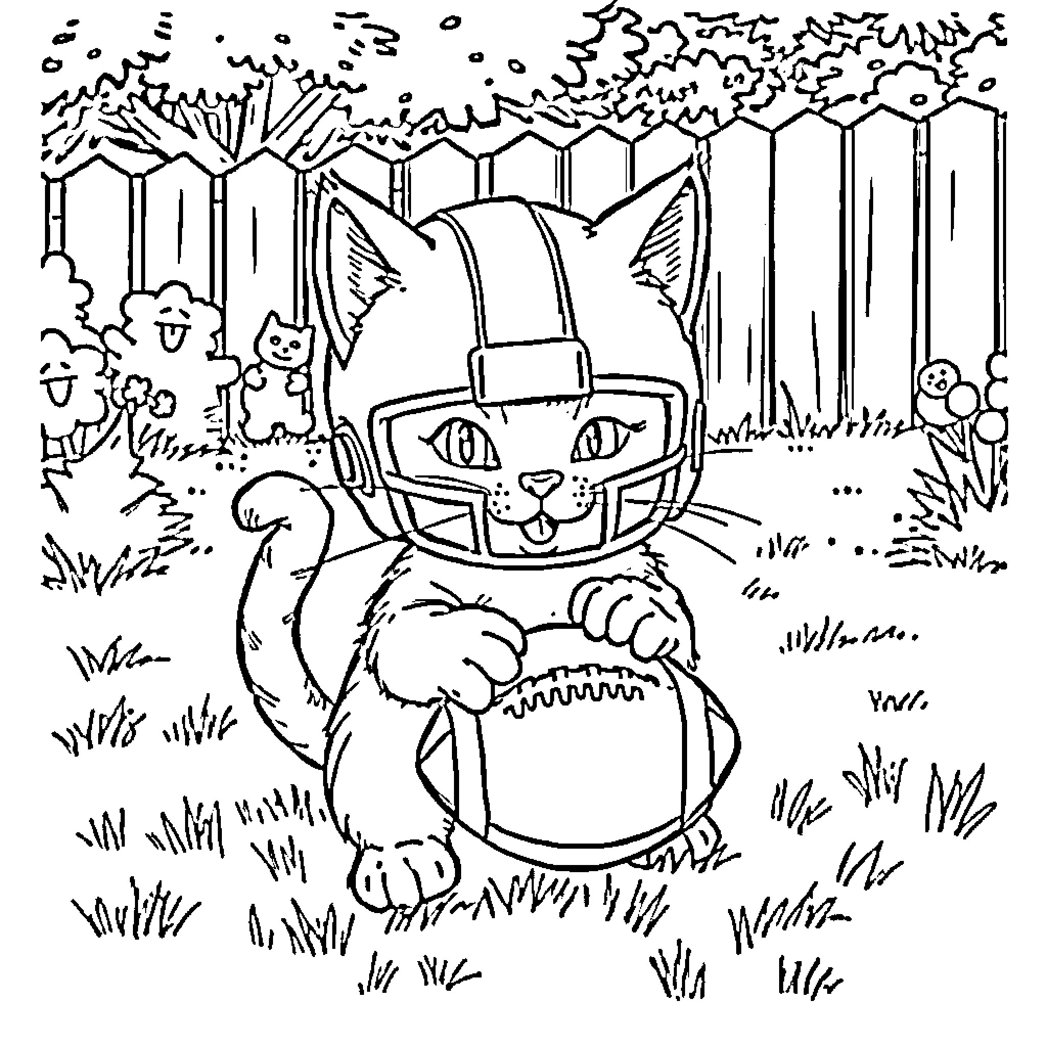 Cat in football helmet in the forest Coloring Page (free black-and-white line drawing printable PDF for all, from beginners to advanced learners, including children, teens, adults, and seniors)