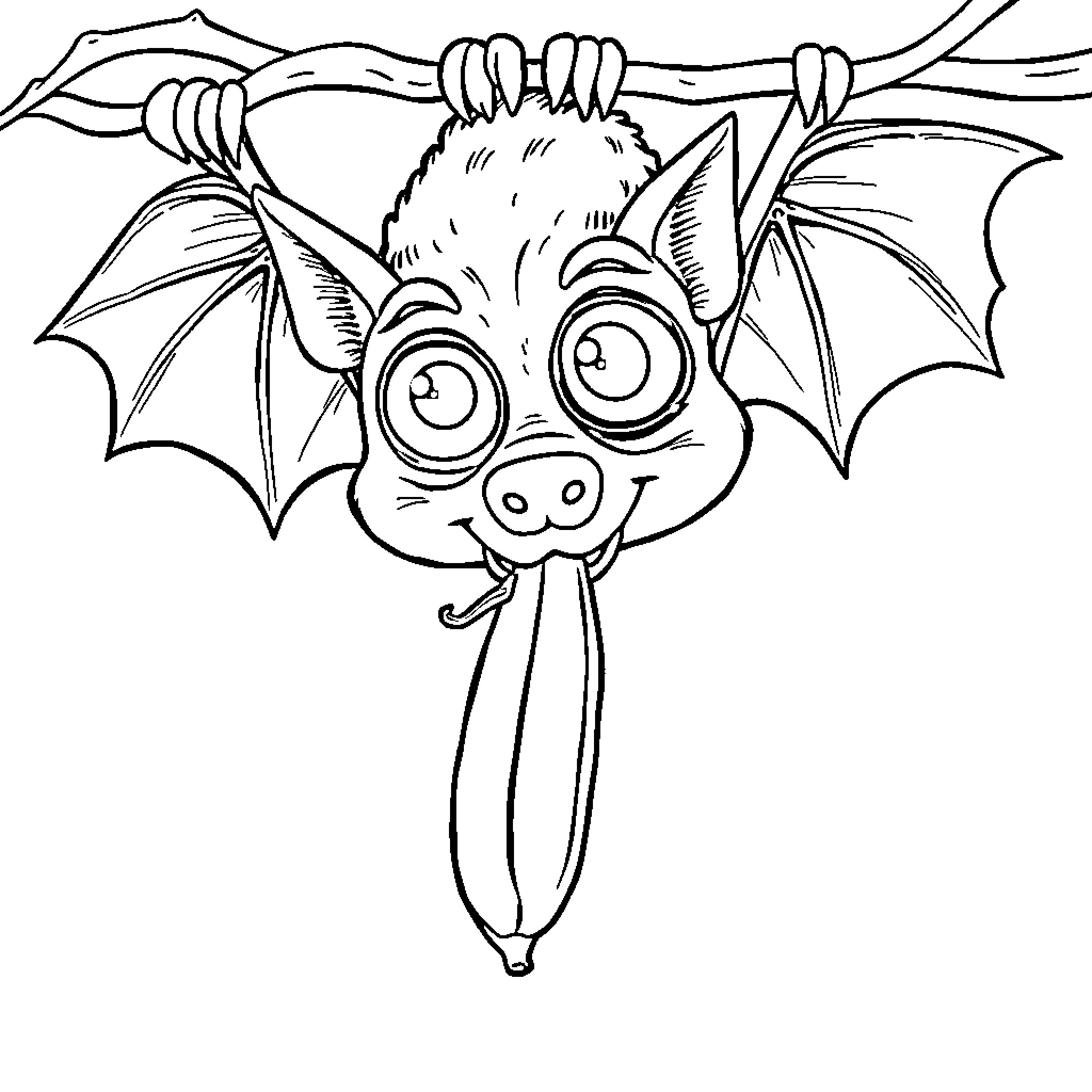 Bat hanging upside down with expressive eyes Coloring Page (free black-and-white line drawing printable PDF for all, from beginners to advanced learners, including children, teens, adults, and seniors)