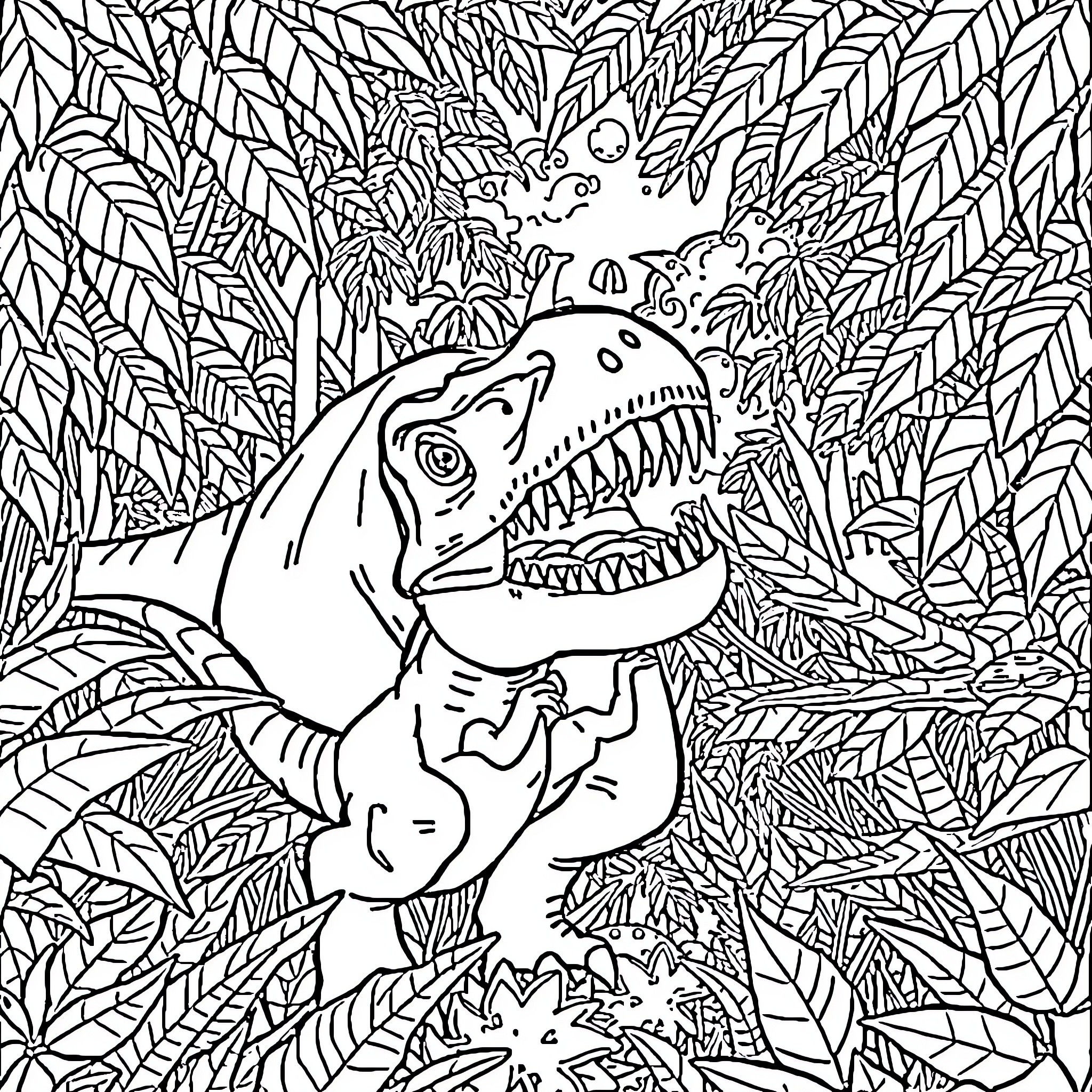 Labubu's Jurassic Adventure in the Jungle Coloring Page (free black-and-white line drawing printable PDF for all, from beginners to advanced learners, including children, teens, adults, and seniors)