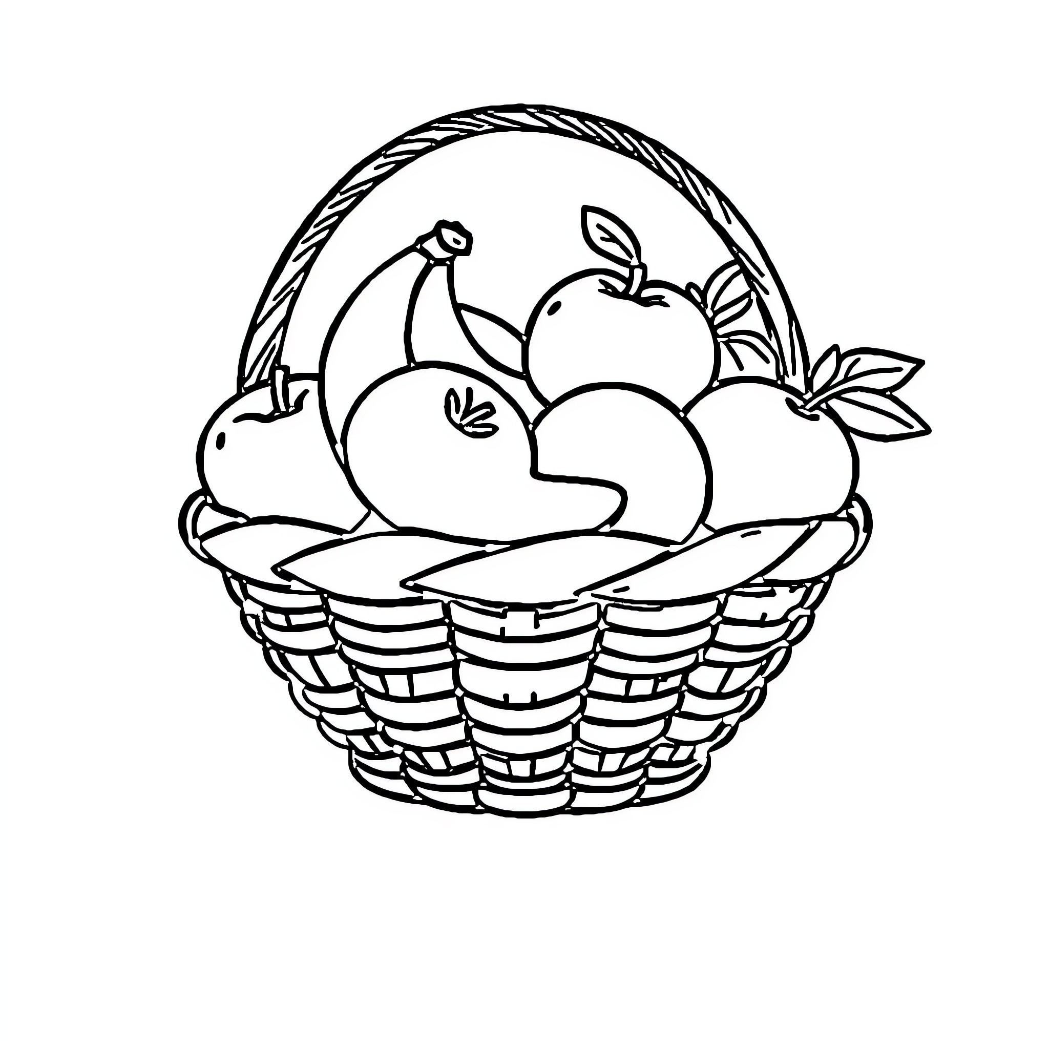 Fruit Basket with Assorted Produce Coloring Page (free black-and-white line drawing printable PDF for all, from beginners to advanced learners, including children, teens, adults, and seniors)