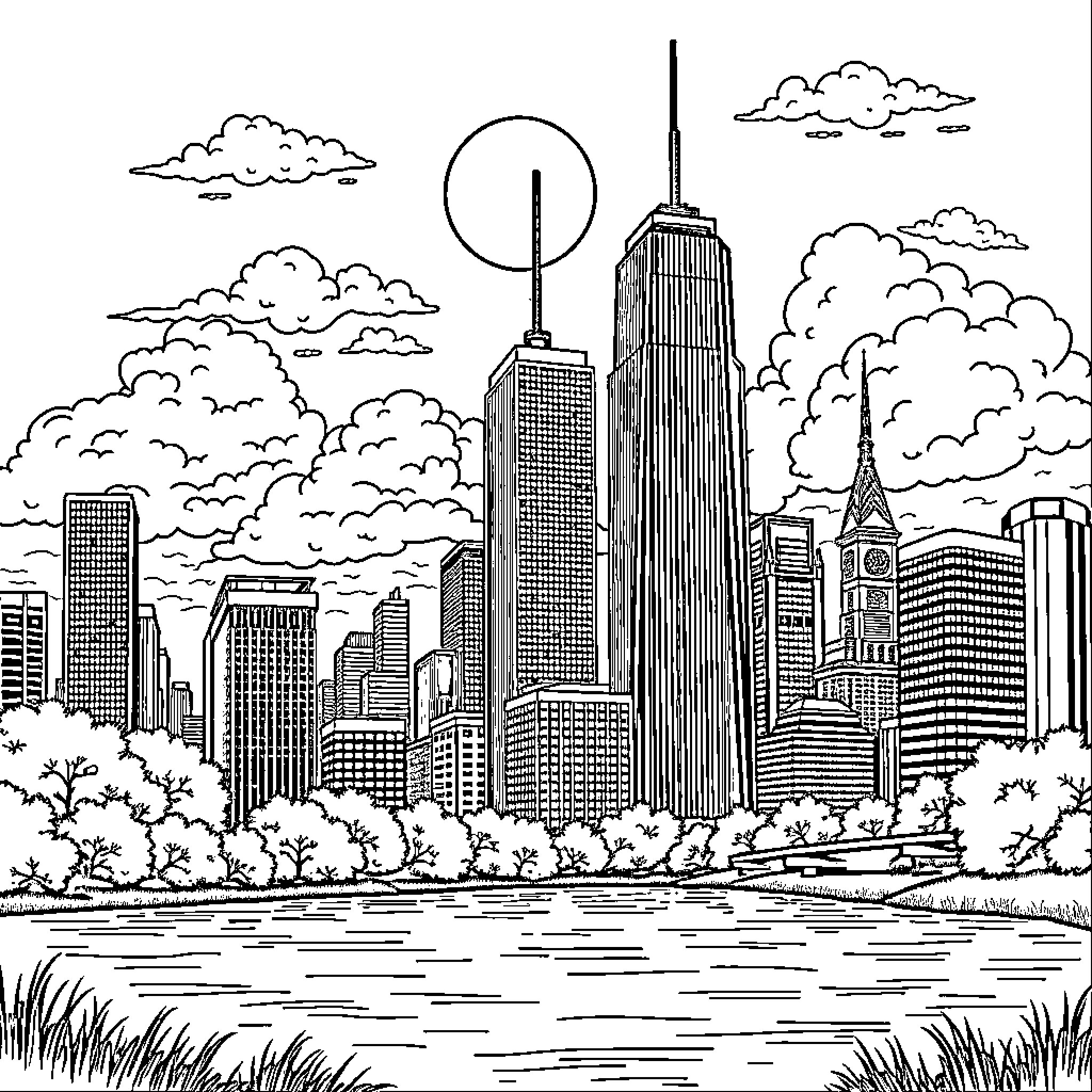 City Skyline with Towering Skyscrapers and Cloudy Sky Coloring Page (free black-and-white line drawing printable PDF for all, from beginners to advanced learners, including children, teens, adults, and seniors)