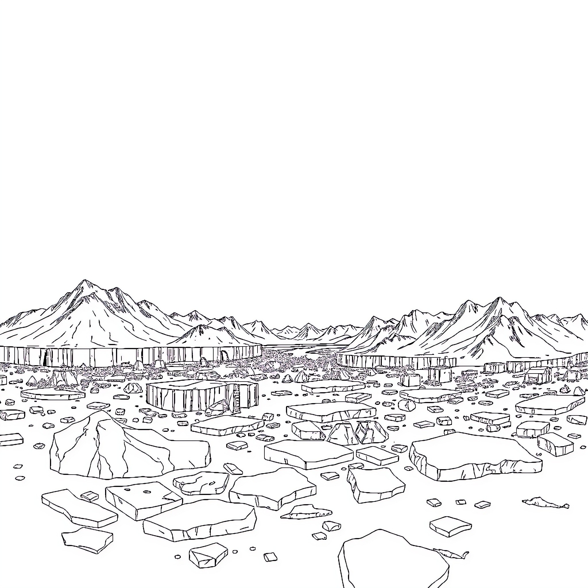 Antarctica Encampment in Vast Icy Landscape Coloring Page (free black-and-white line drawing printable PDF for all, from beginners to advanced learners, including children, teens, adults, and seniors)