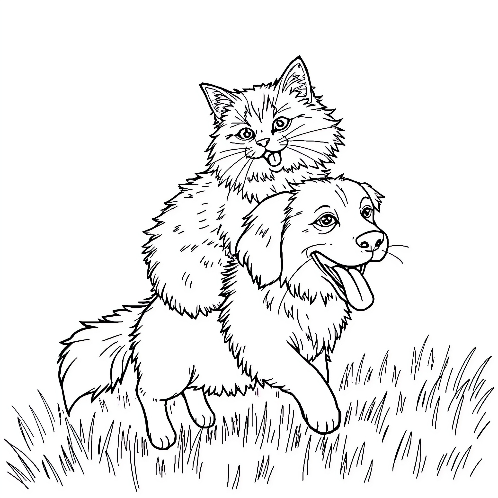 Ragdoll Cat and Friendly Dog in the Grass Coloring Page (free black-and-white line drawing printable PDF for all, from beginners to advanced learners, including children, teens, adults, and seniors)