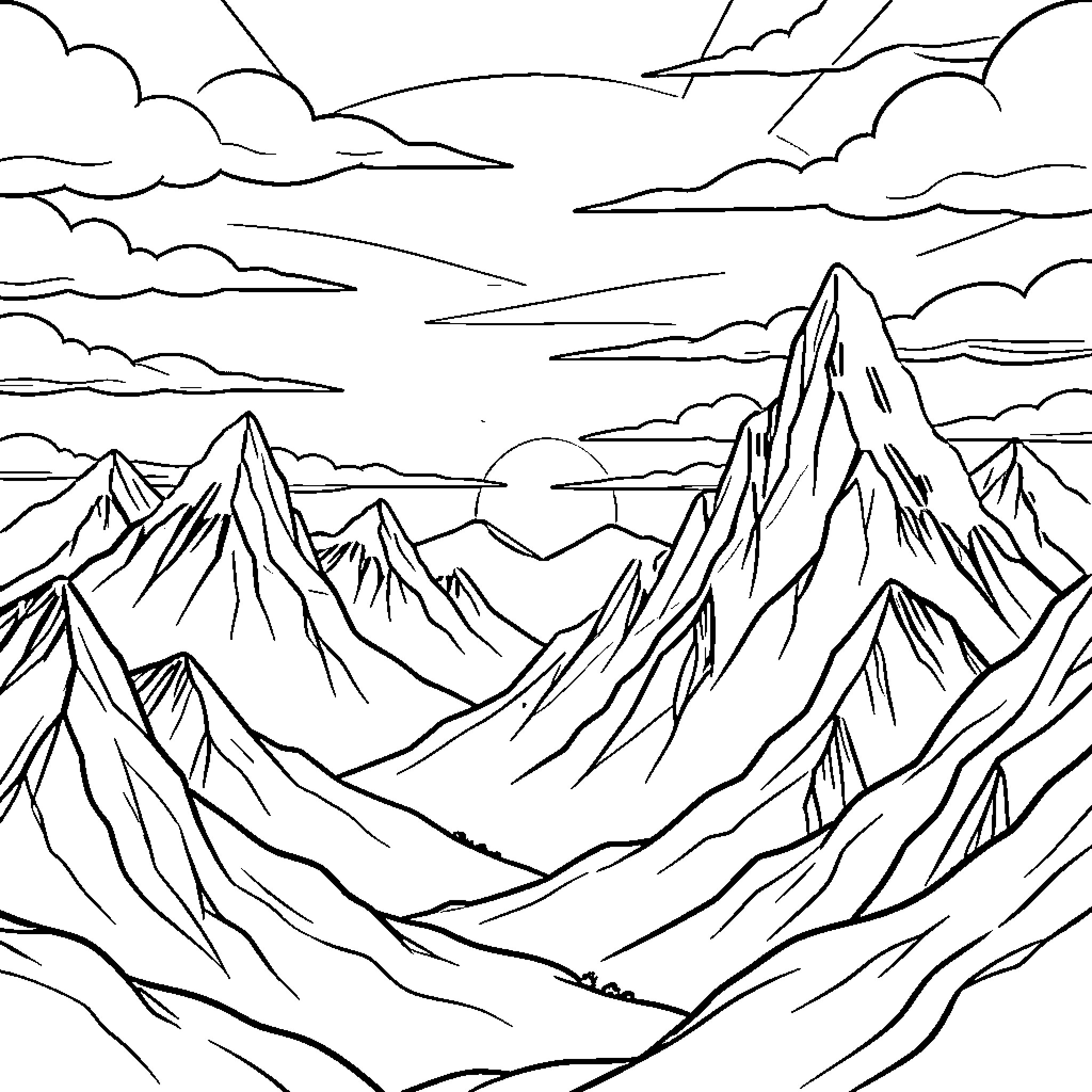 Sunset over majestic mountain peaks Coloring Page (free black-and-white line drawing printable PDF for all, from beginners to advanced learners, including children, teens, adults, and seniors)