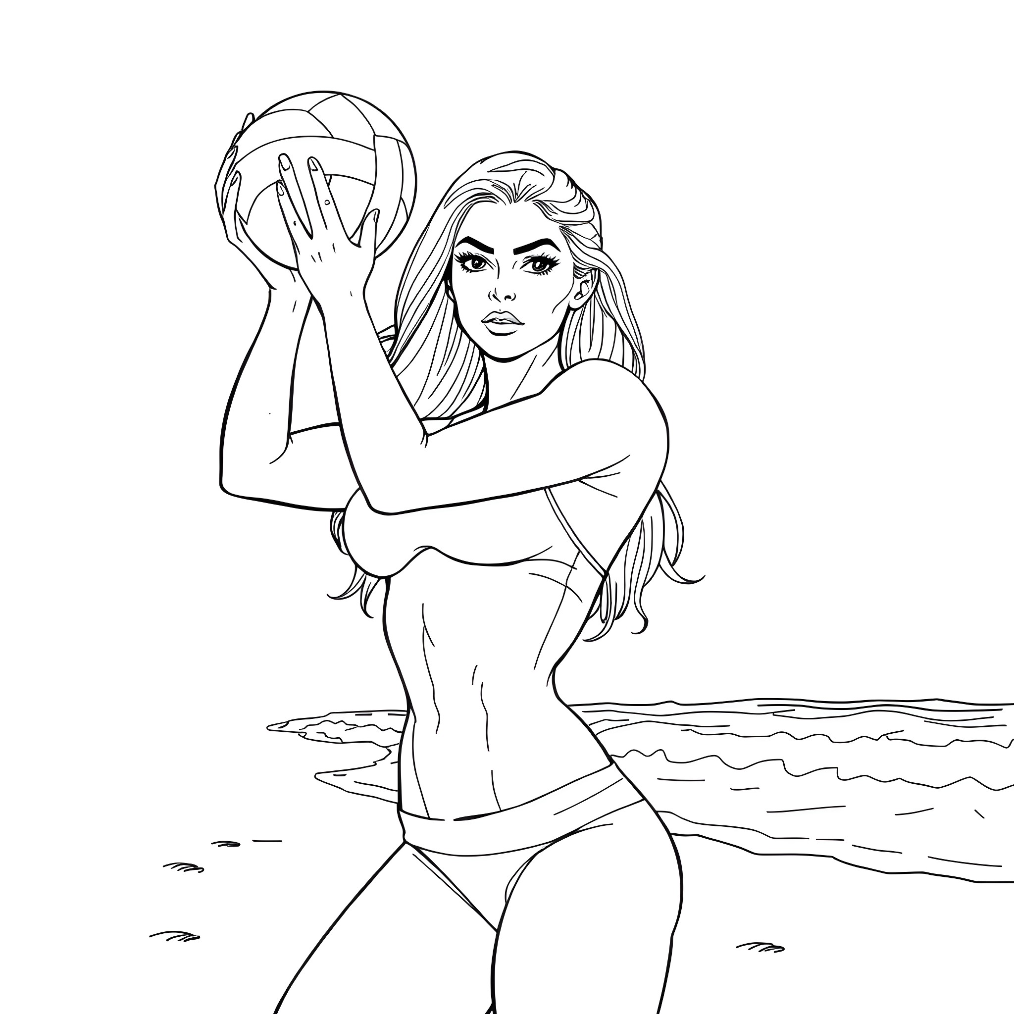 Woman holding a basketball on the beach Coloring Page (free black-and-white line drawing printable PDF for all, from beginners to advanced learners, including children, teens, adults, and seniors)
