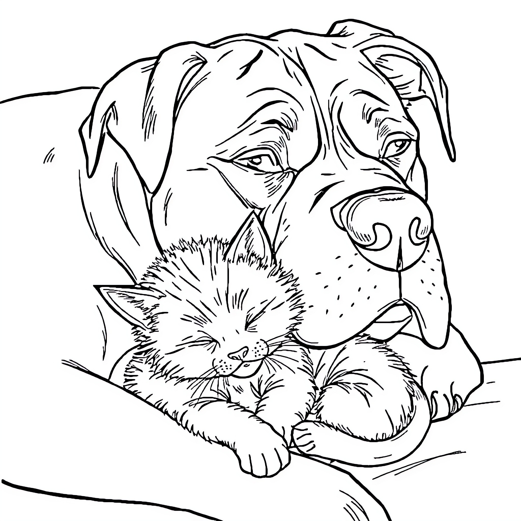 Kitten resting with a dog Coloring Page (free black-and-white line drawing printable PDF for all, from beginners to advanced learners, including children, teens, adults, and seniors)
