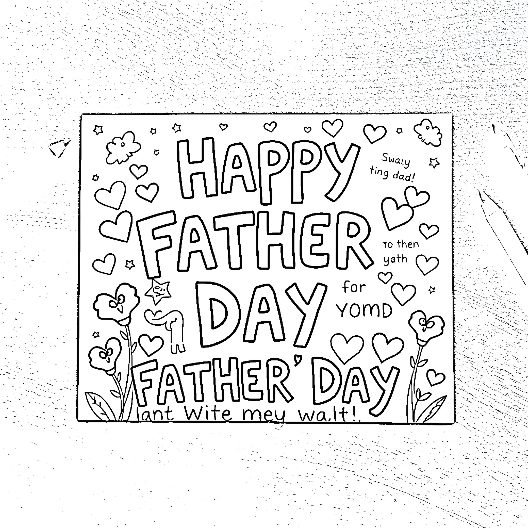 Father's Day Greetings with Hearts and Floral Designs Coloring Page (free black-and-white line drawing printable PDF for all, from beginners to advanced learners, including children, teens, adults, and seniors)