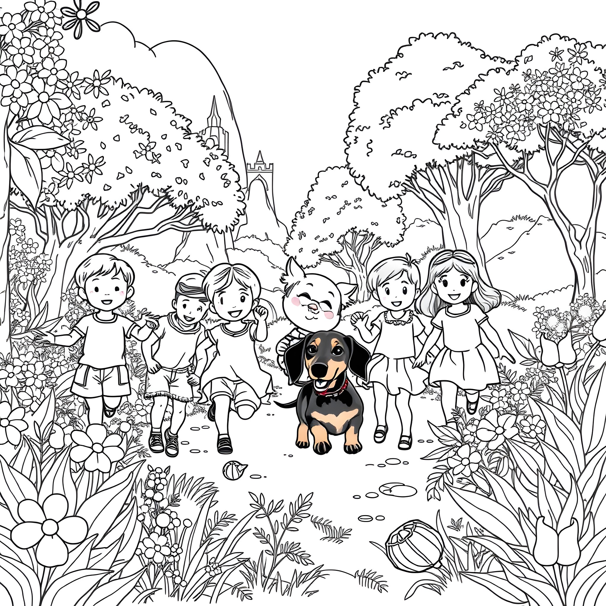 Dachshund exploring a whimsical garden with children Coloring Page (free black-and-white line drawing printable PDF for all, from beginners to advanced learners, including children, teens, adults, and seniors)