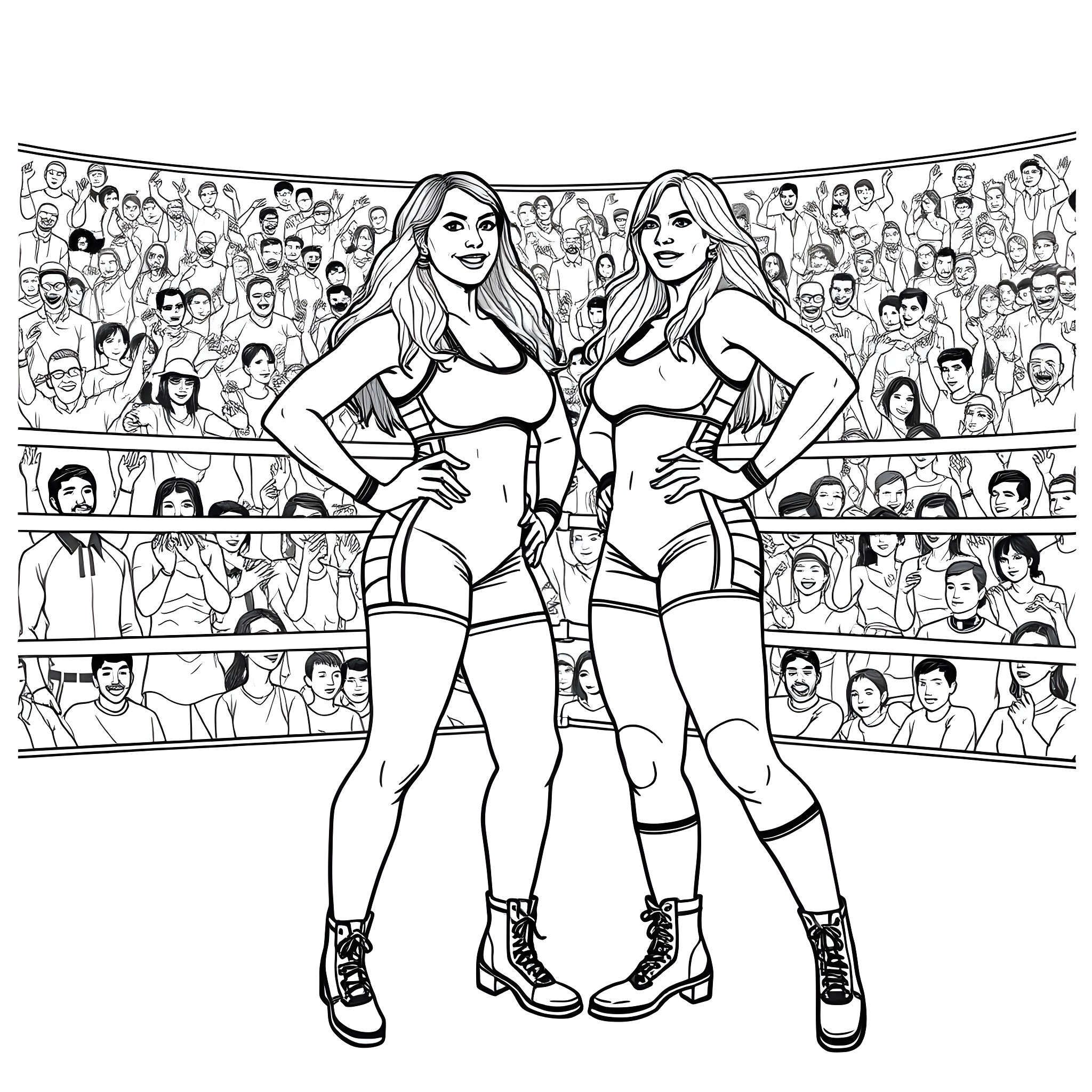 Wrestler Women Performing in the Arena Coloring Page (free black-and-white line drawing printable PDF for all, from beginners to advanced learners, including children, teens, adults, and seniors)