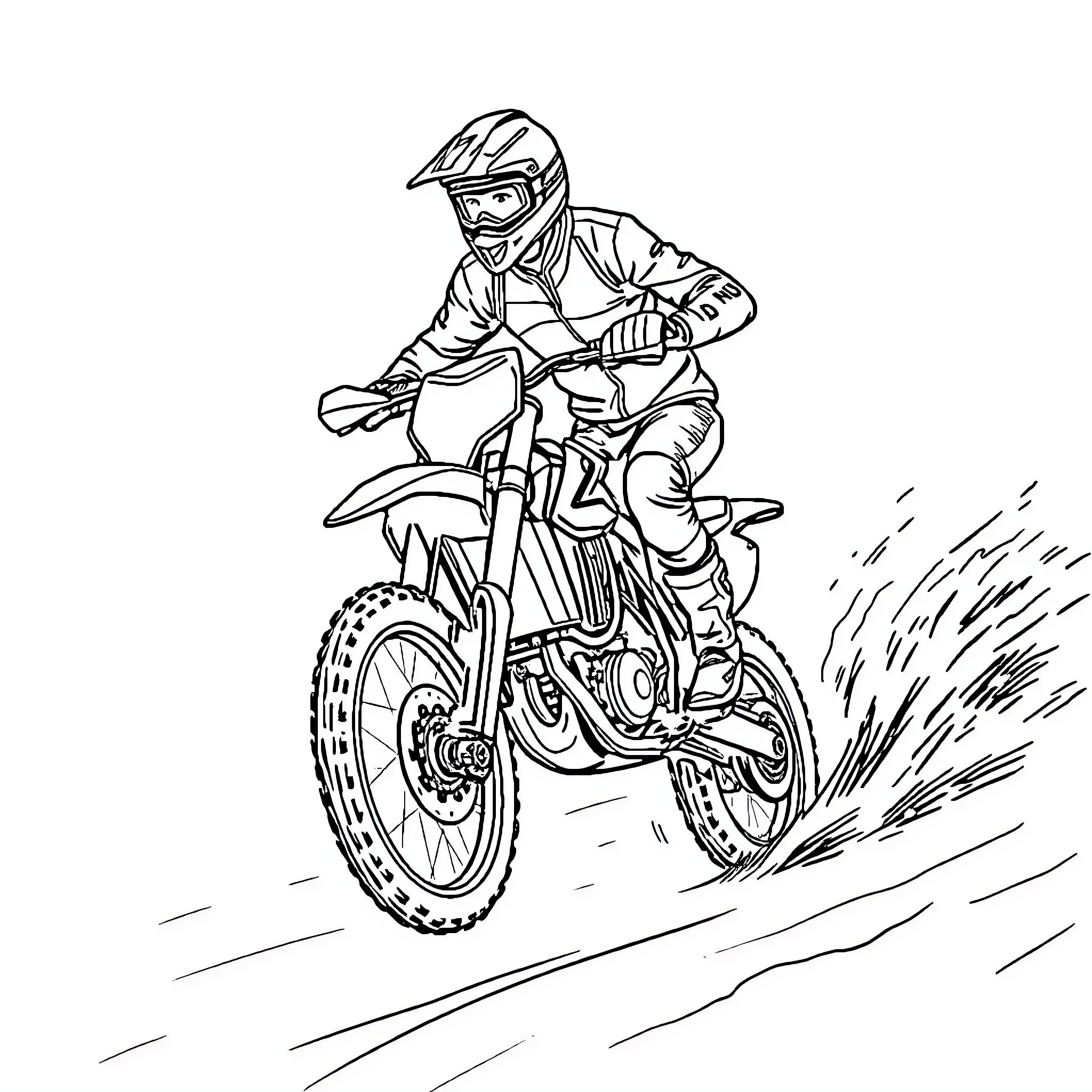 Man riding motocross bike on dirt track Coloring Page (free black-and-white line drawing printable PDF for all, from beginners to advanced learners, including children, teens, adults, and seniors)