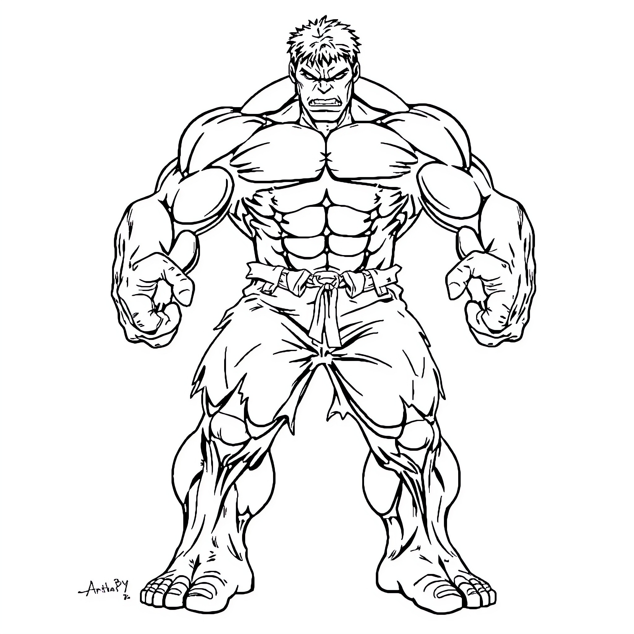 Hulk Unleashing Immense Strength and Ferocity Coloring Page (free black-and-white line drawing printable PDF for all, from beginners to advanced learners, including children, teens, adults, and seniors)