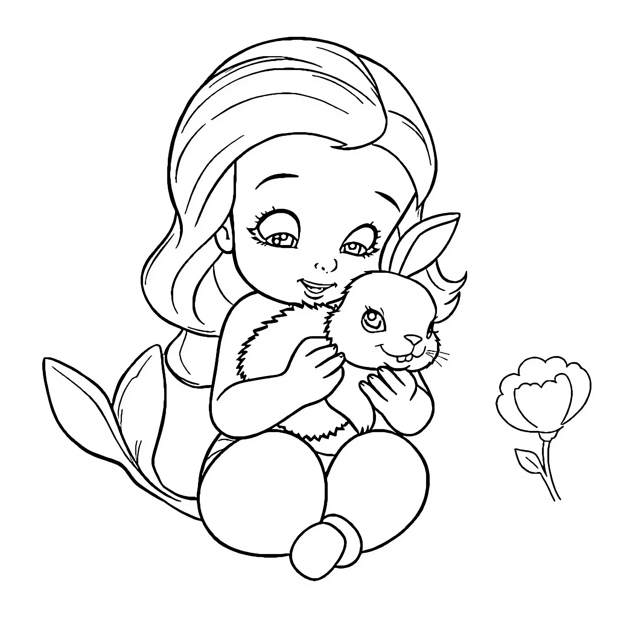 Baby Ariel playing with a cute bunny Coloring Page (free black-and-white line drawing printable PDF for all, from beginners to advanced learners, including children, teens, adults, and seniors)