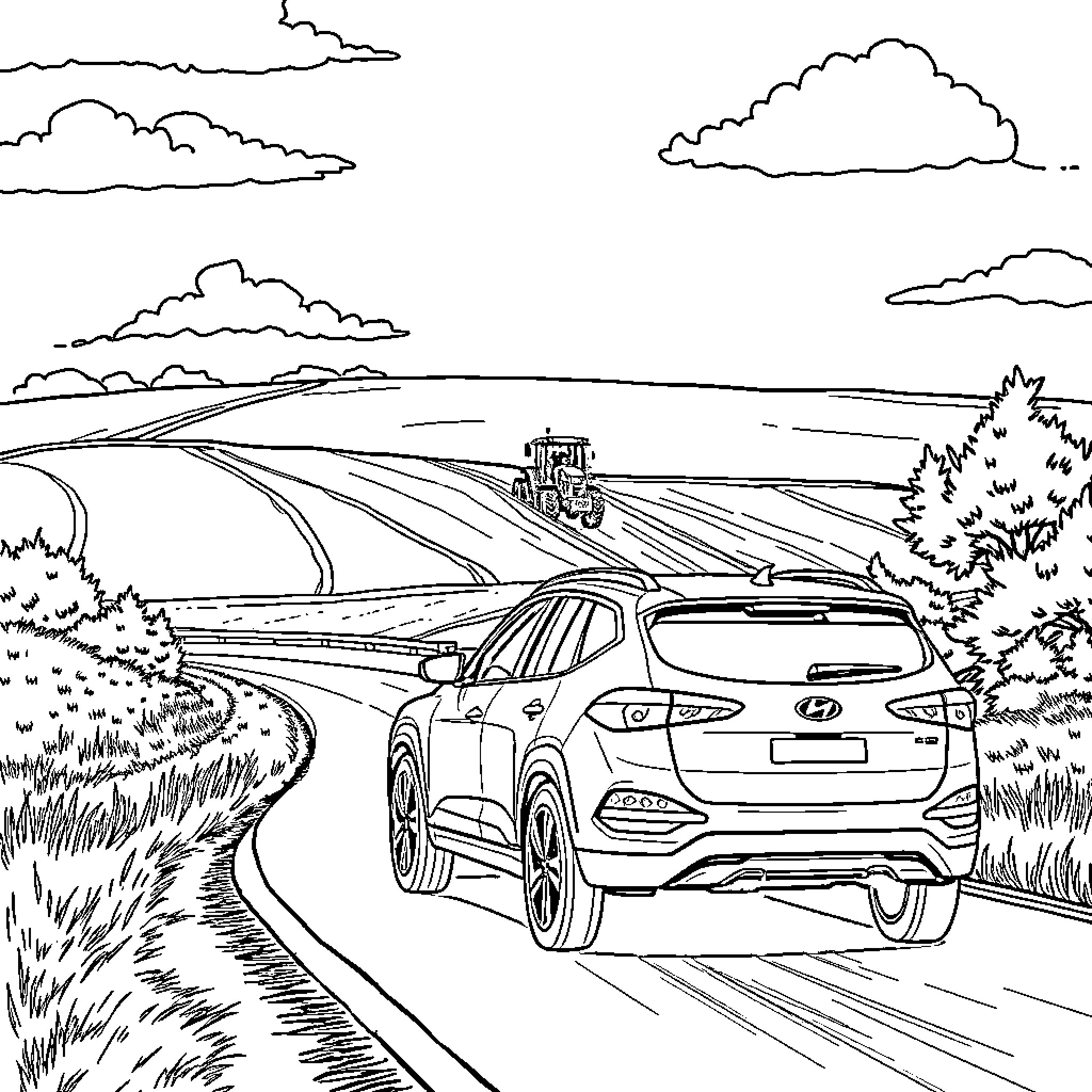 Hyundai Tucson driving on a scenic countryside road Coloring Page (free black-and-white line drawing printable PDF for all, from beginners to advanced learners, including children, teens, adults, and seniors)