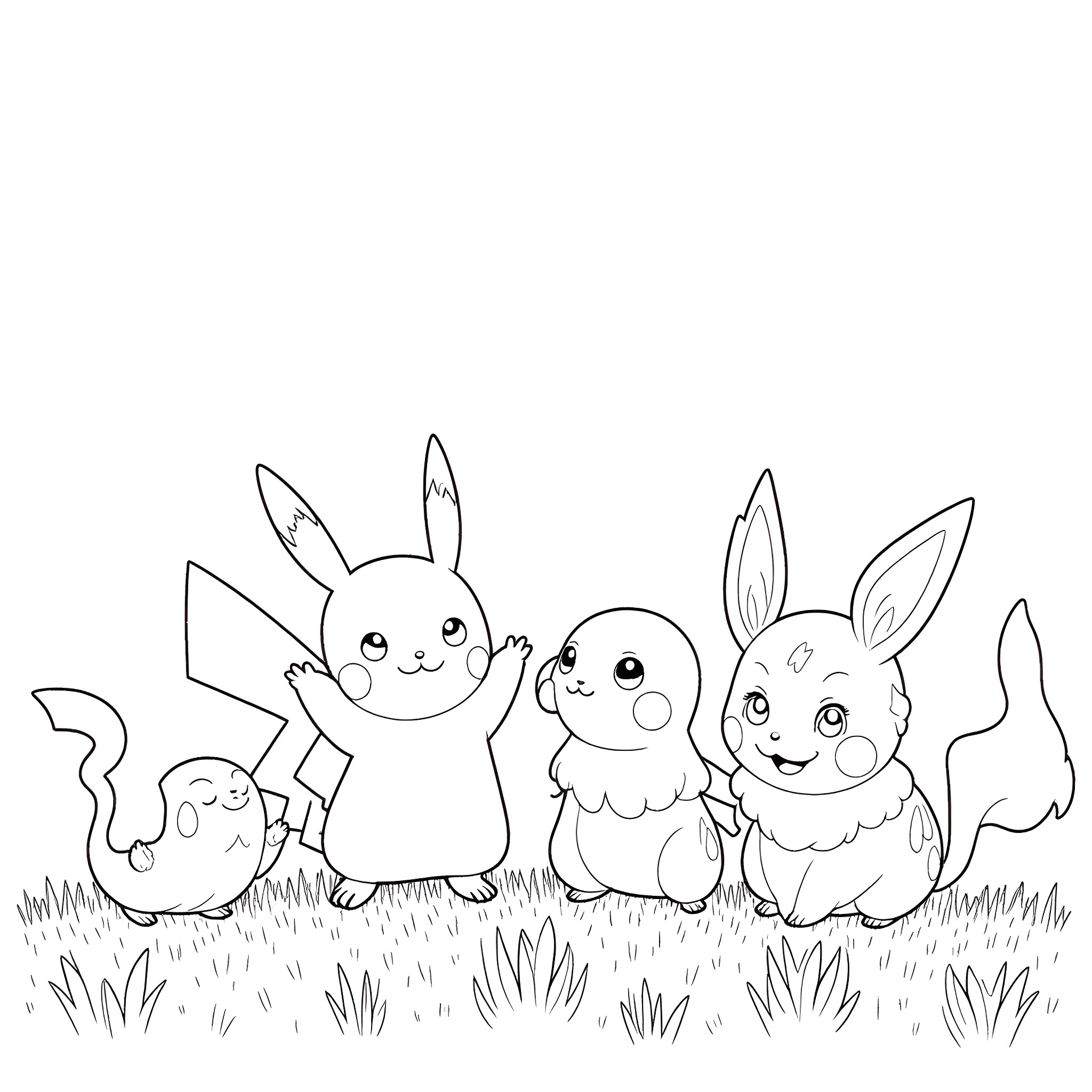 Pokémon friends enjoying the outdoors Coloring Page (free black-and-white line drawing printable PDF for all, from beginners to advanced learners, including children, teens, adults, and seniors)