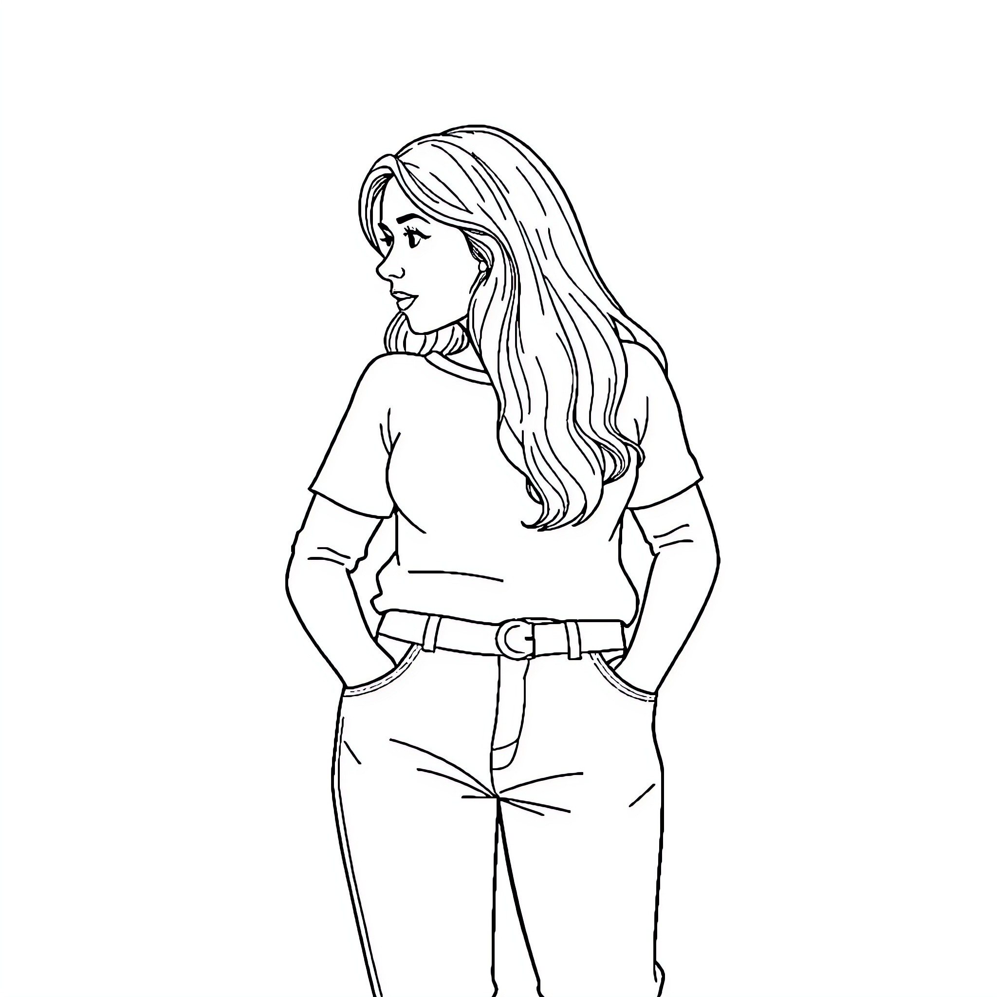 Man with long wavy hair standing confidently Coloring Page (free black-and-white line drawing printable PDF for all, from beginners to advanced learners, including children, teens, adults, and seniors)