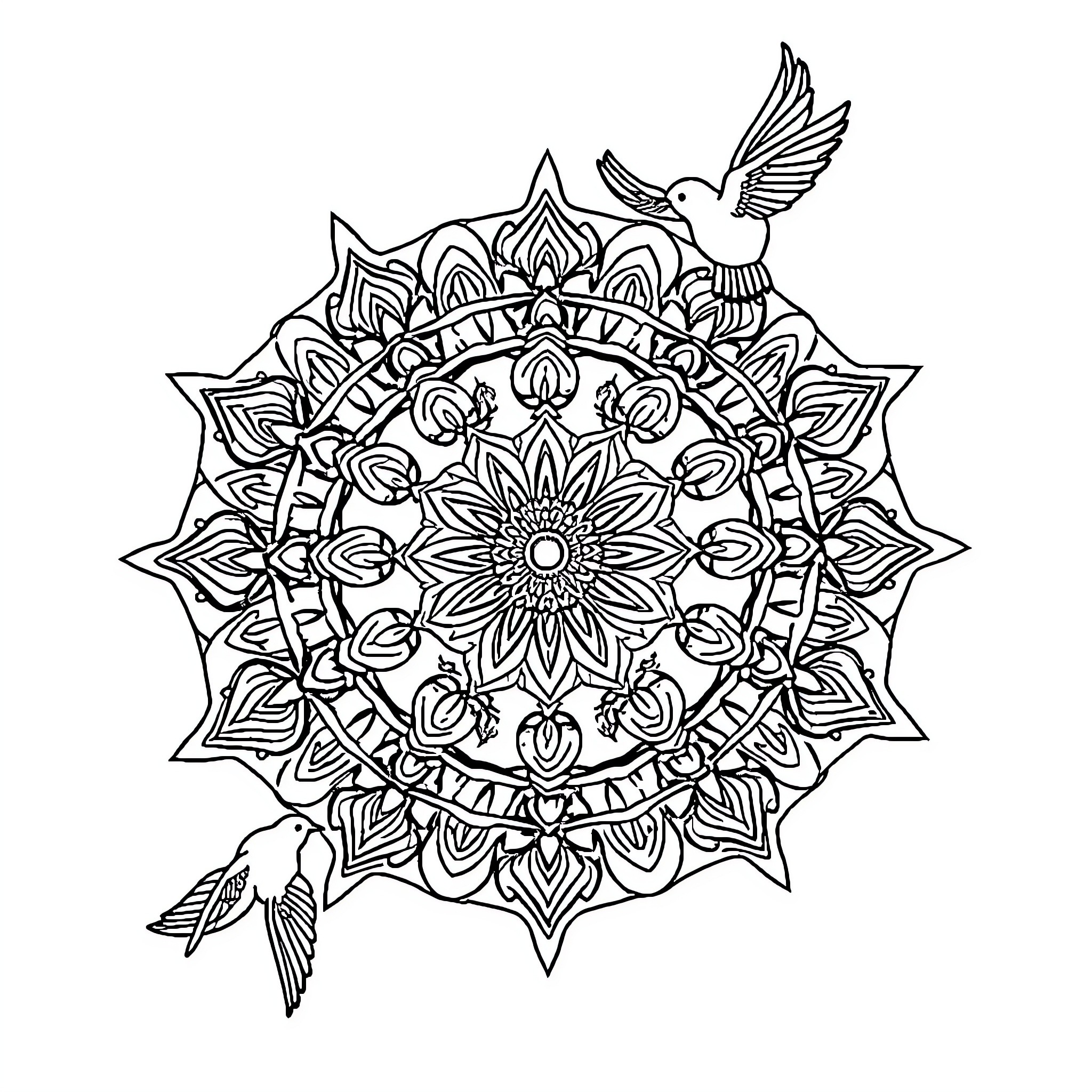 Mandala with Intricate Floral Motifs and Birds Coloring Page (free black-and-white line drawing printable PDF for all, from beginners to advanced learners, including children, teens, adults, and seniors)