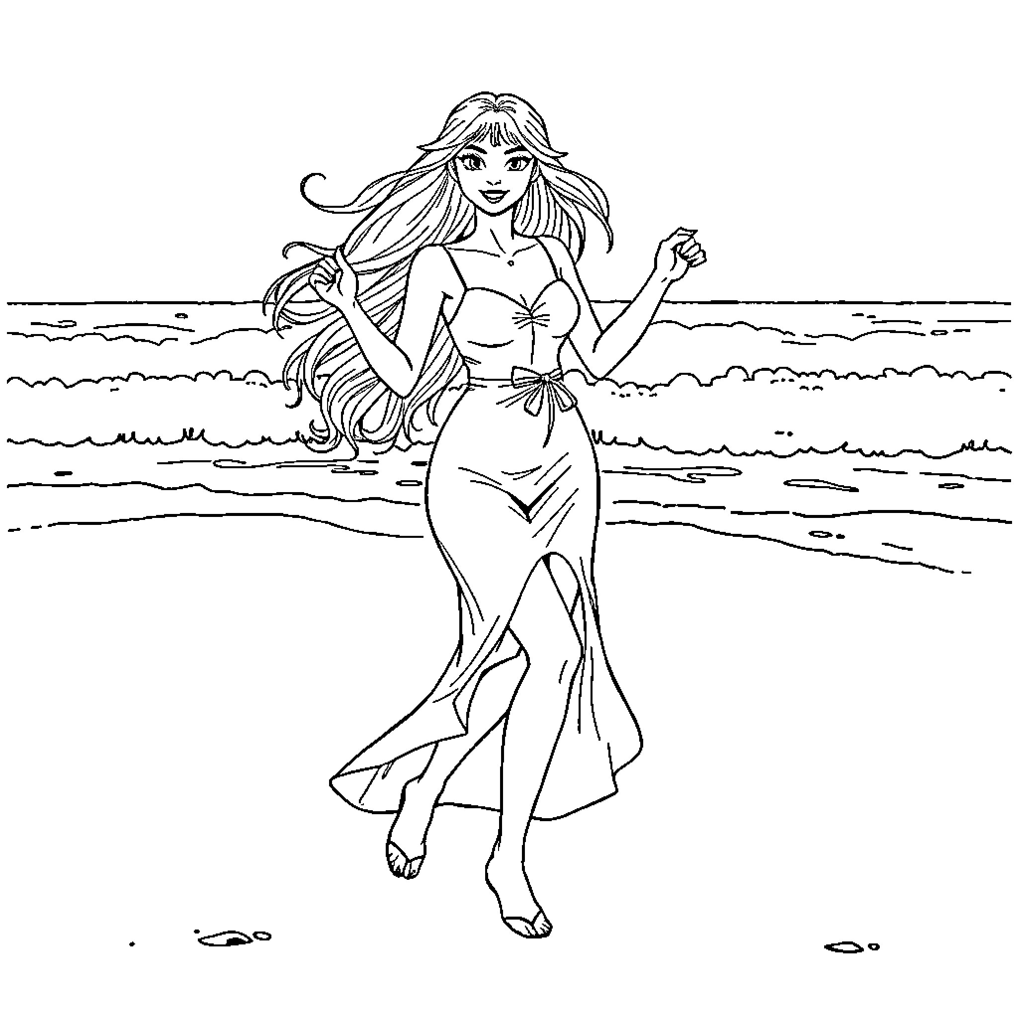 Wednesday Adams on a beachside stroll Coloring Page (free black-and-white line drawing printable PDF for all, from beginners to advanced learners, including children, teens, adults, and seniors)